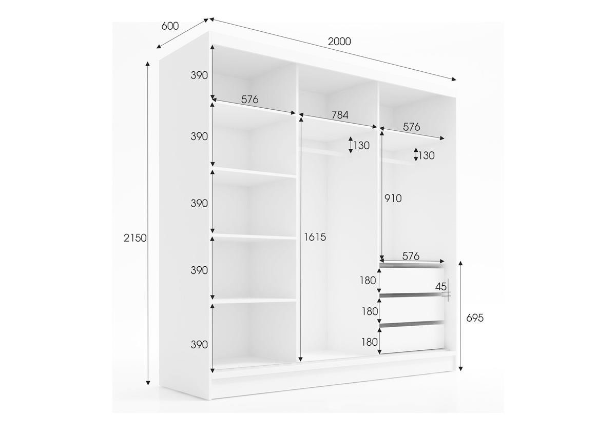 A&J MöbelLand GmbH Schiebetürenschrank LINA mit 3 Schubladen, 3D-Lamellen und Spiegel (TOP ANGEBOT! Geräumiger Schrank mit einer Breite von 200 cm und Spiegel,  – Bild 4 von 5