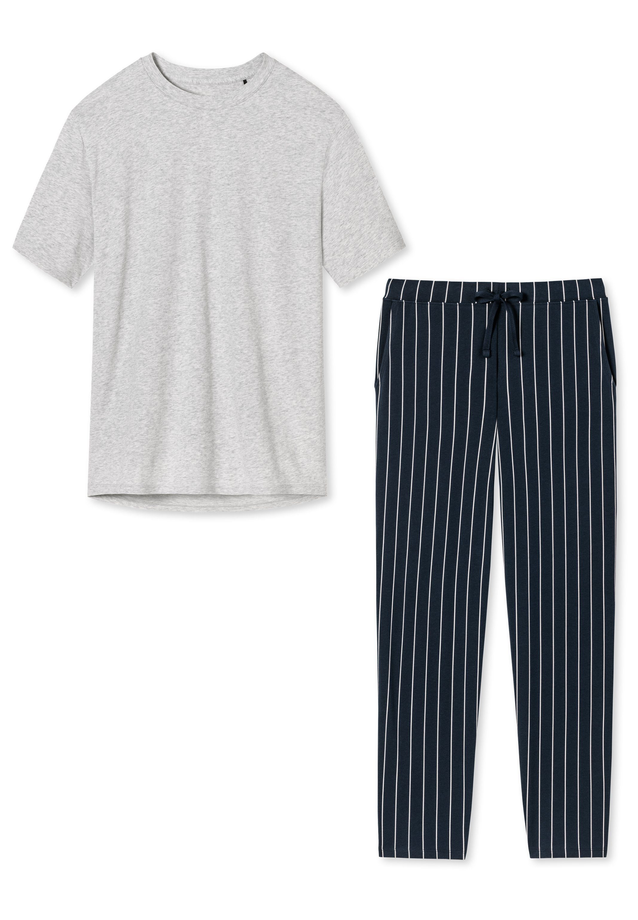 - 2 (Set, Pyjama Baumwolle Organic Blau / Cotton gestreift Schlafanzug - Schiesser tlg) Grau