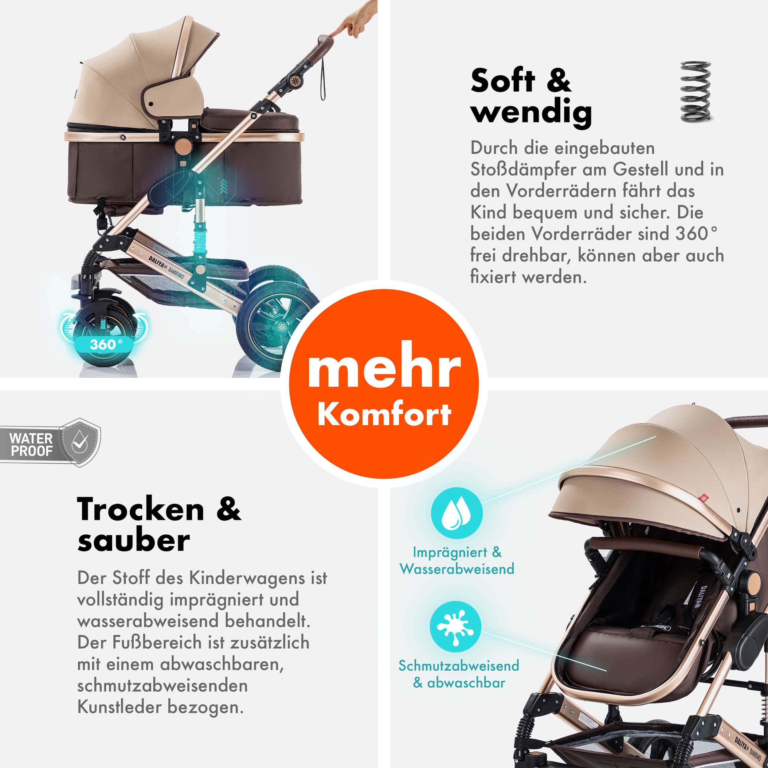 Daliya® Kombi-Kinderwagen BAMBIMO 2in1 Kinderwagen & Buggy, Babywanne und Sportsitz, Alu-Rahmen, (Grundausstattung für Babys, 9-tlg), Großer Einkaufskorb, Feder – Bild 4 von 5