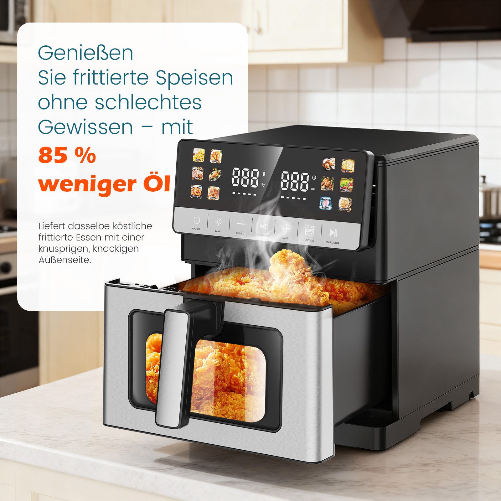 oyajia Heißluftfritteuse 10L Heißluftfritteuse aus Edelstahl, 2 Heizelementen, 12 Automatikprogramme, Sichtfenster, Touch Bedienfeld, LED Anzeige, 1800 W, Temperatur einstellbar 30 - 200 °C, 60-Minuten-Timer, silber-schwarz
