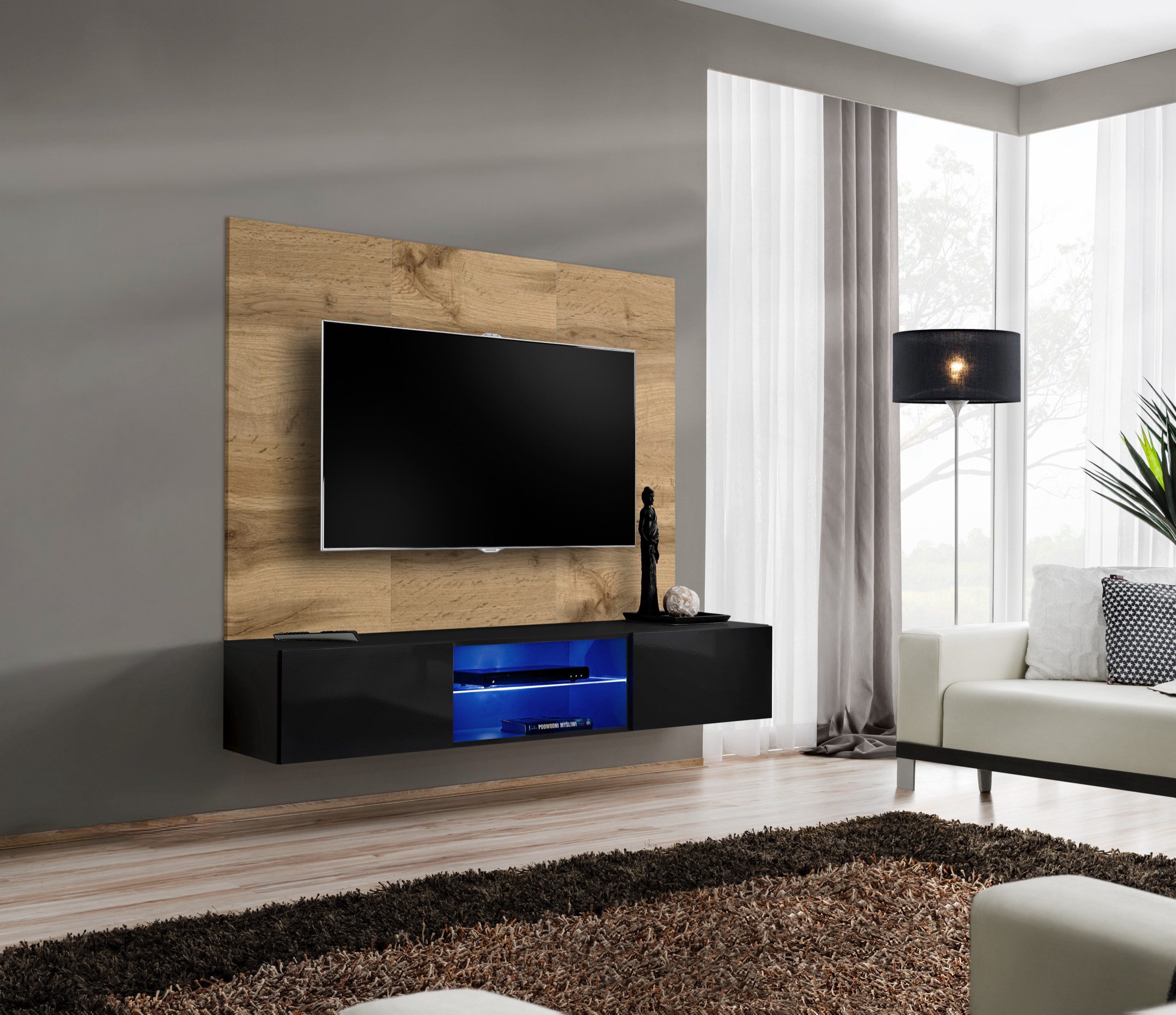 ASM-Moebel Wohnwand Wohnwand SWITCH PR2 Wotan mit Hochglanz Led und Push - Click System, Mit Led Beleuchtung und Push - Click System