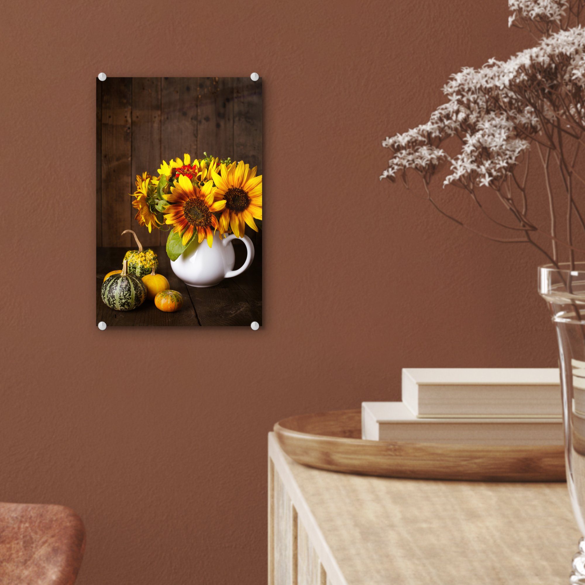 MuchoWow Acrylglasbild Kürbisse - Sonnenblumen (1 Glas Wandbild Glasbilder - St), Glas Wanddekoration - Bilder - auf - Foto auf Herbst