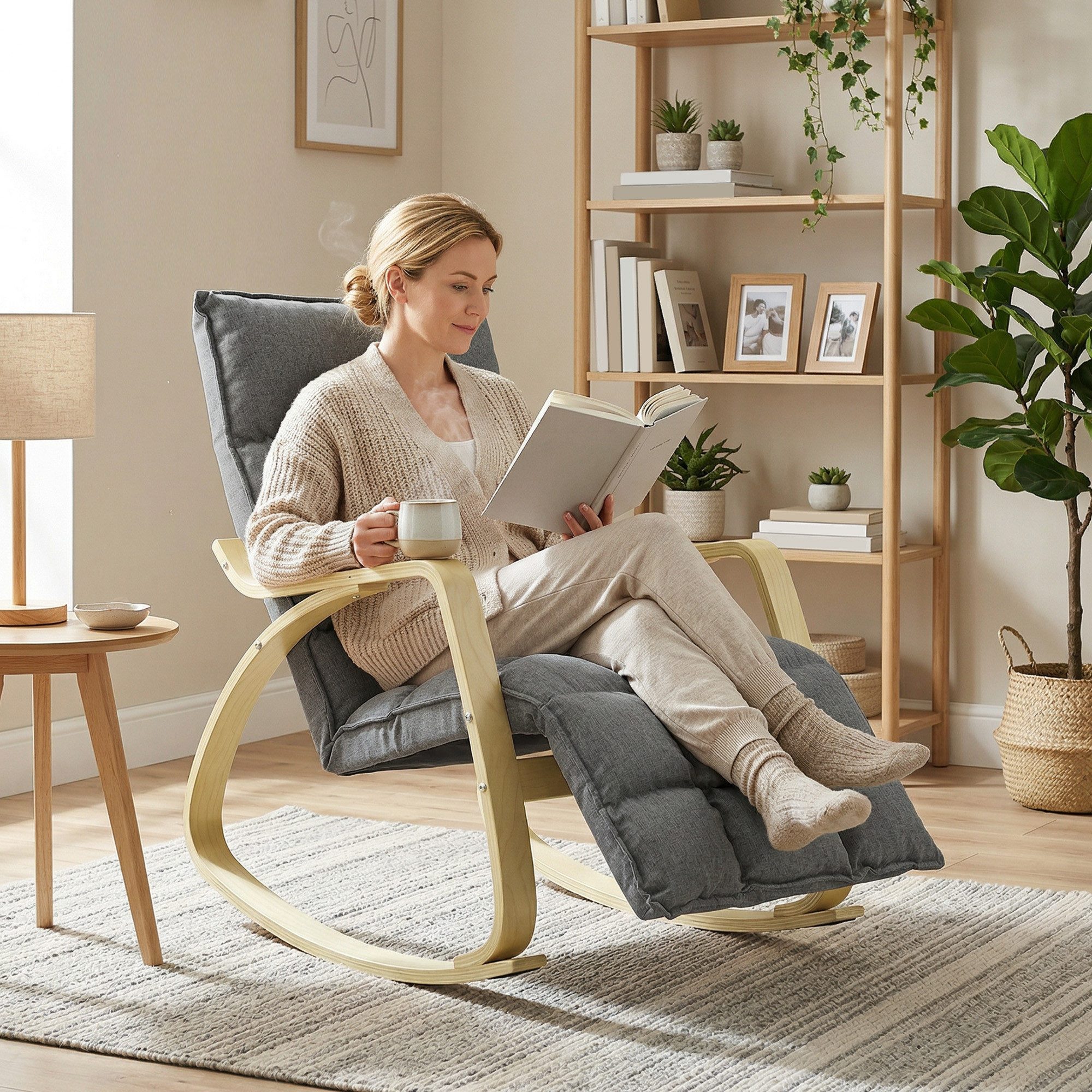 HOMCOM Schaukelstuhl Schaukelsessel mit hoher Rückenlehne, Relaxsessel mit Leinenoptik (Lesesessel, 1 St), Schaukelfunktion, verstellbare Fußstütze, modernes Design