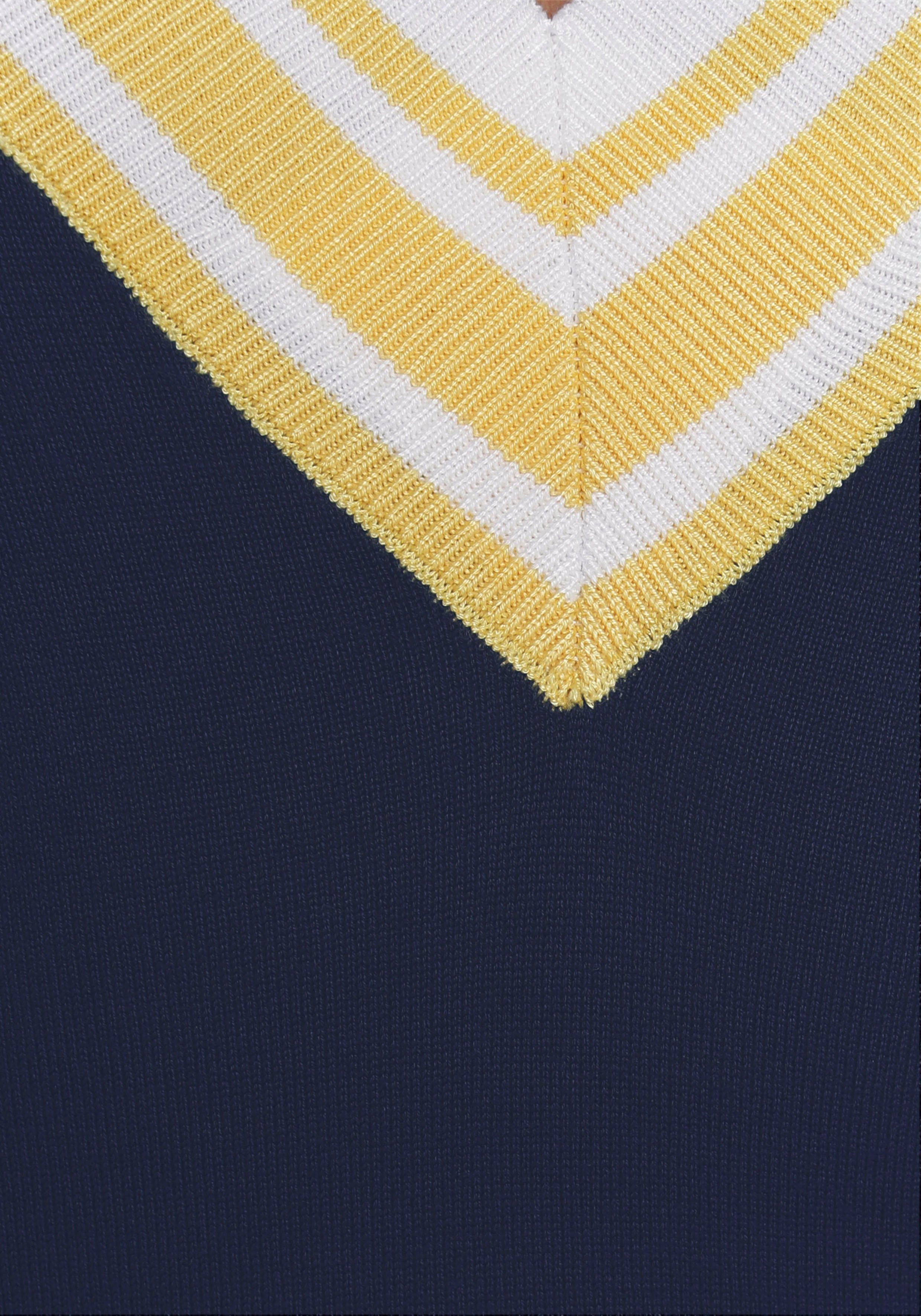 AJC Strickkleid mit tiefem Kontraststreifen V-Ausschnitt & marine-gelb