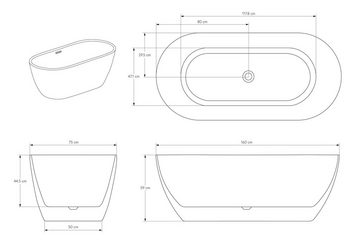 Bernstein Badewanne JAZZ PLUS, (modernes Design / Acrylwanne / Sanitäracryl / mit Siphon / kompakt - ideal für kleine Bäder), freistehende Wanne / Weiß Glänzend / 160 cm x 75 cm / Acryl / Oval