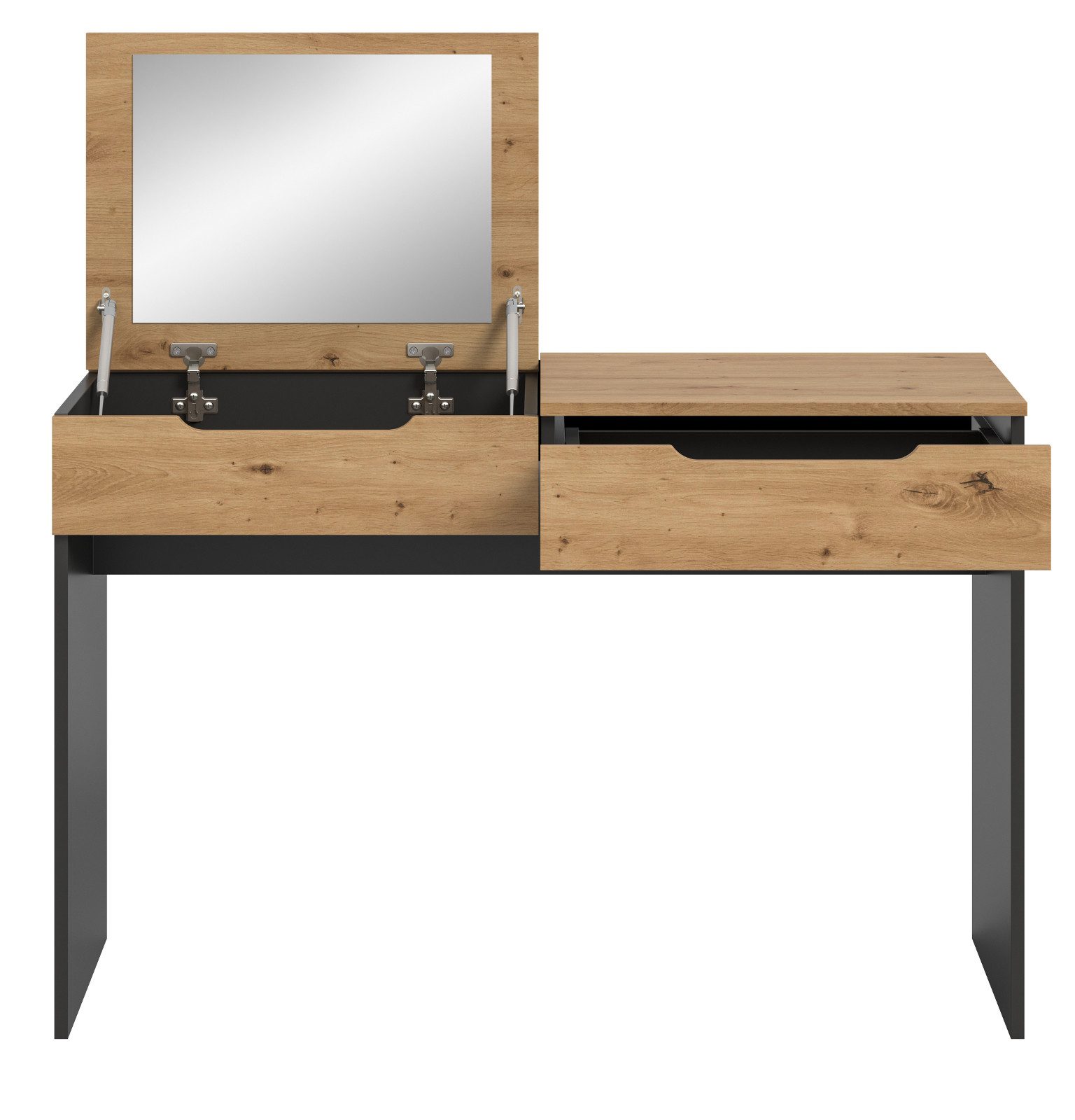 Inn.Furn Schminktisch Cooper (Frisiertisch in Eiche Artisan und Grau, 115 x 76 (117) cm), mit Vollauszug, Soft-Close und klappbarem Spiegel