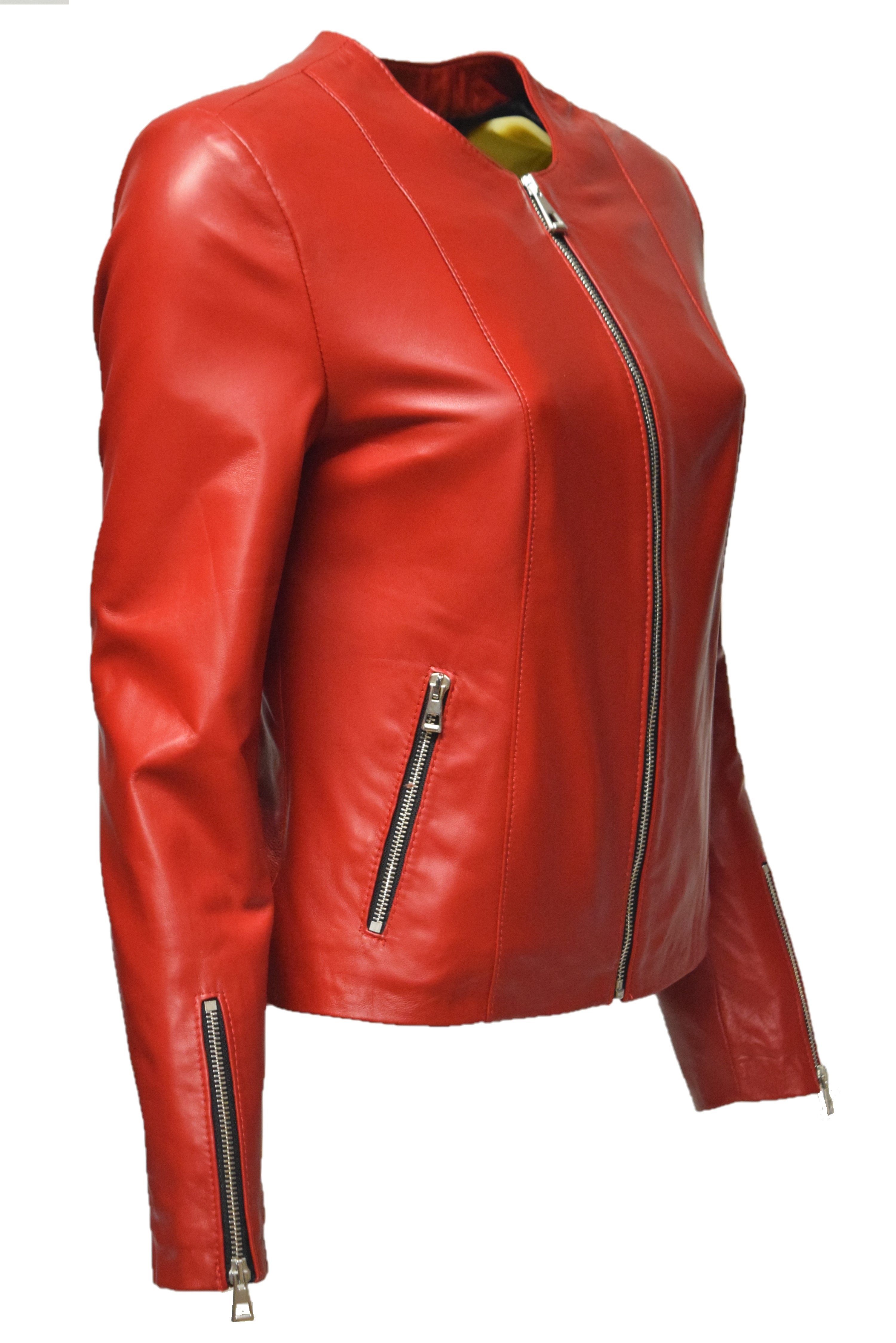 Leather Zimmert Kragenlos rot Lederjacke Linda