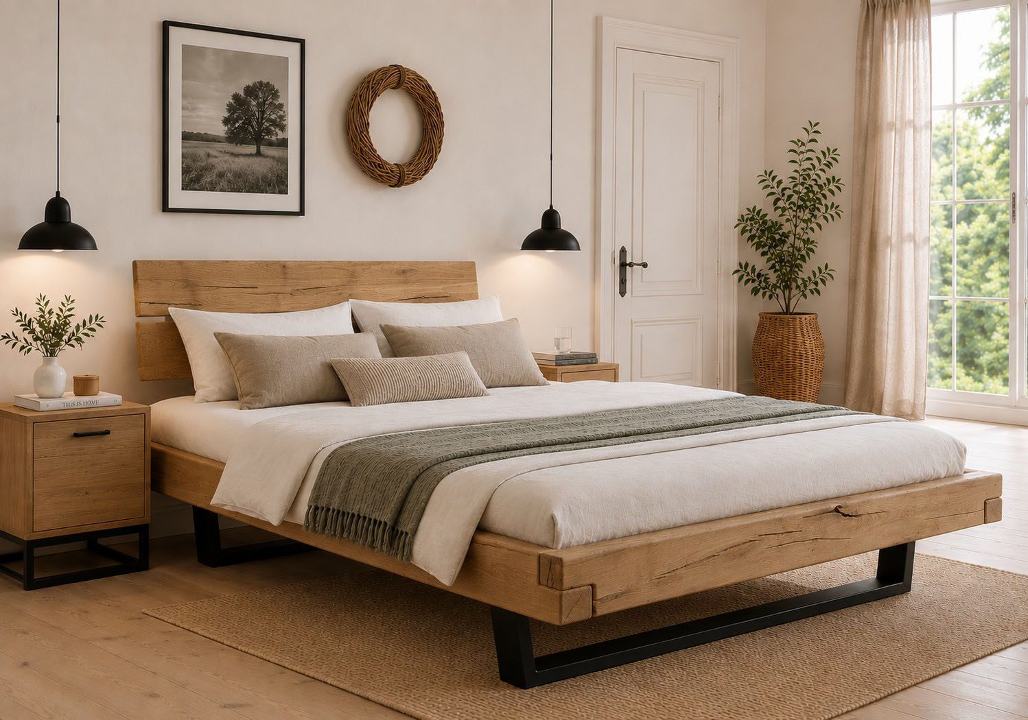 OTTO home Massivholzbett Ultima Balkenbett Doppelbett, Füße Metallkufe (hohe Belastbarkeit: 200kg je Seite), FSC®-zertifizierte Wildeiche oder Fichte, viele Breiten zur Auswahl