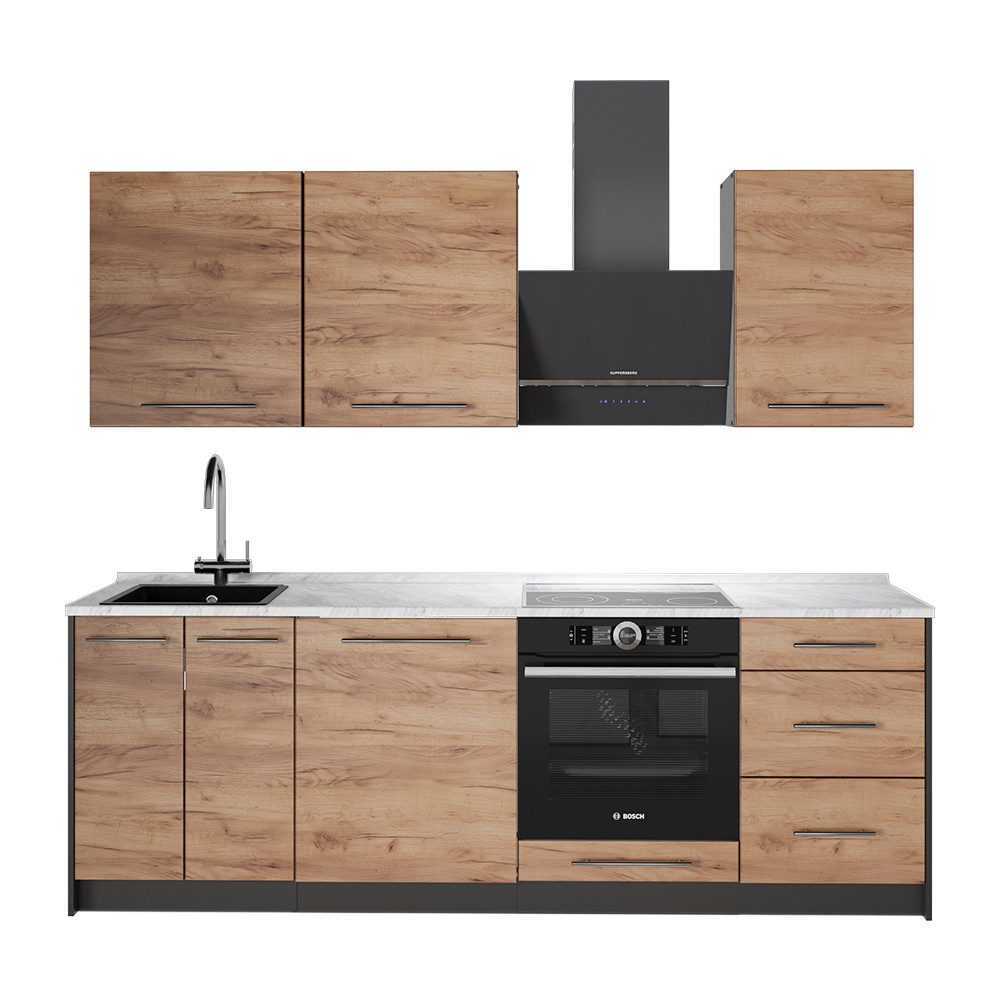 Vicco Küchenzeile Fame-Line, Goldkraft Eiche/Weiß, 230 cm, AP Marmor