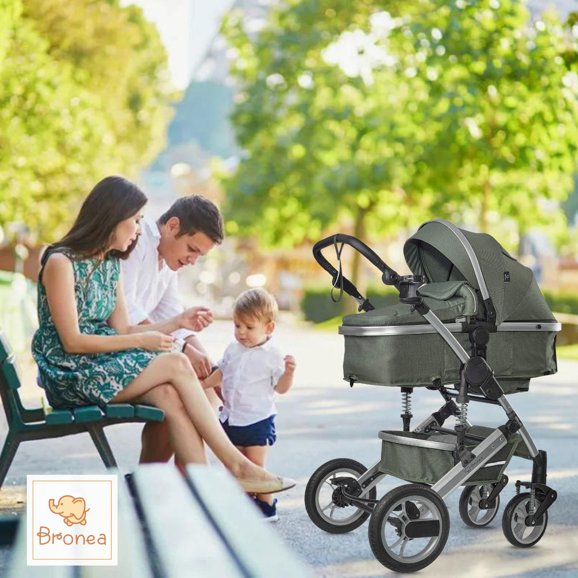 Bronea Kombi-Kinderwagen EXQUISE 2.0 Kinderwagen 3-in-1 GRÜN/SILBER mit BUGGY, AUTO-BABYSCHALE, HOCHWERTIGES MODELL, Wickeltasche, Regen-, Mücken- & Sonnenschutz