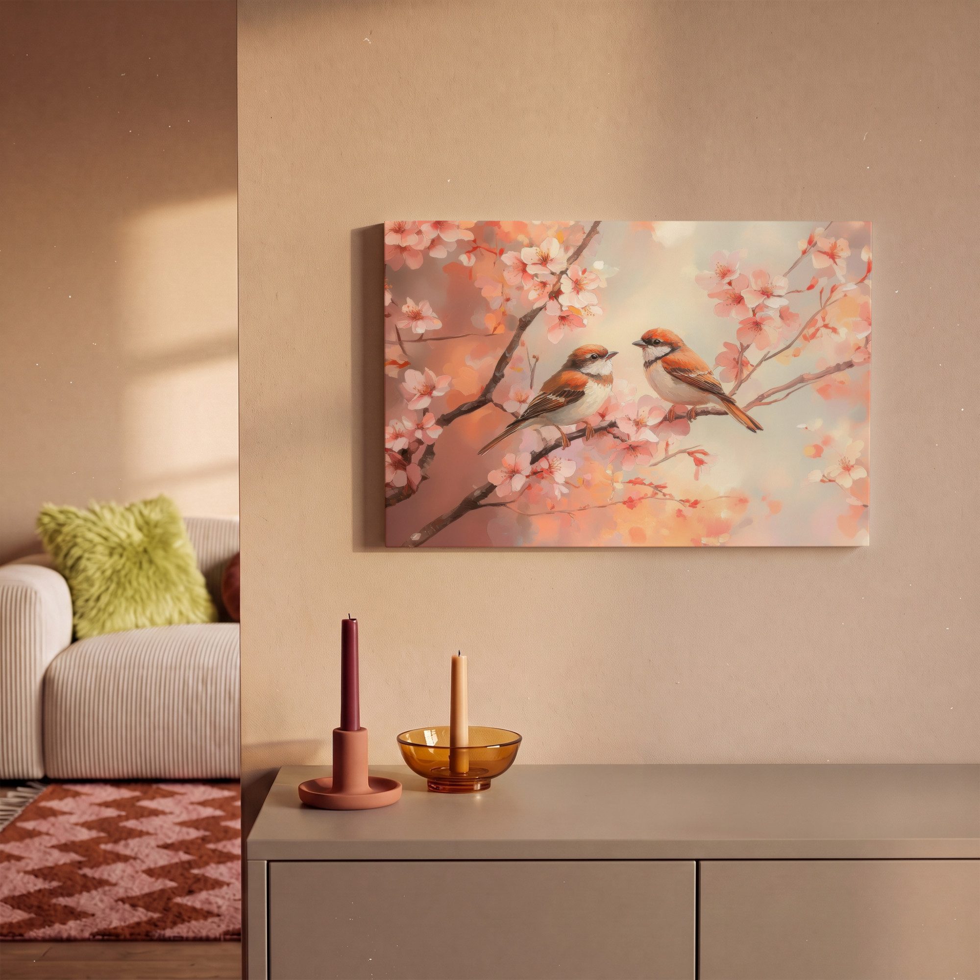 OneMillionCanvasses® Leinwandbild Vögel - Romantisch - Blühende Zweige, Fotodruck (1 St), Leinwand Bilder Klein, Wand Dekoration Aesthetic 30x20 cm – Bild 2 von 5