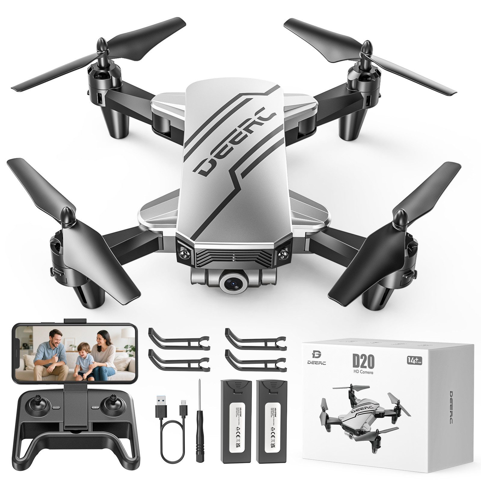 DEERC Mini, mit 1080P Kamera für Kinder, optischem Fluss, faltbar Drohne (FPV-Übertragung & Smarte Steuerung, bis 20min Flugzeit CE-zertifiziert)