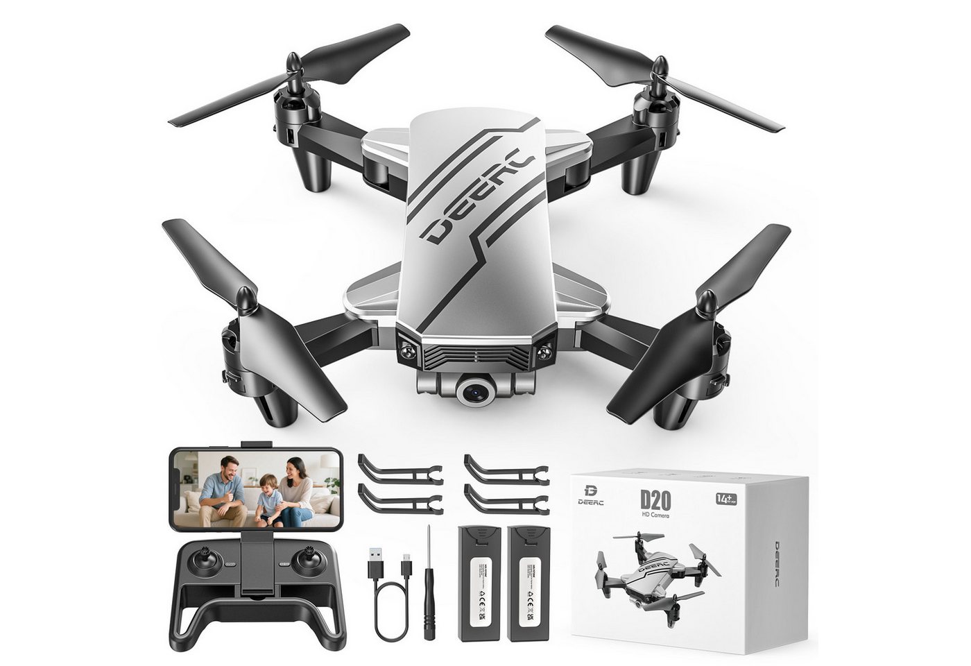 DEERC Mini, mit 1080P Kamera für Kinder, optischem Fluss, faltbar Drohne (FPV-Übertragung & Smarte Steuerung, bis 20min Flugzeit)