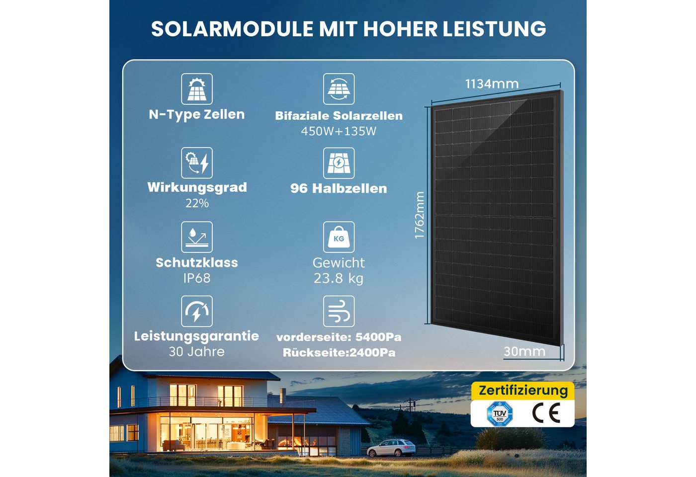 Thumbnail - E.For.U Solarmodul 450/500/900/1000Bifazial Glas Solarpanel für Balkonkraftwerke, (PV Modul, 2-St)