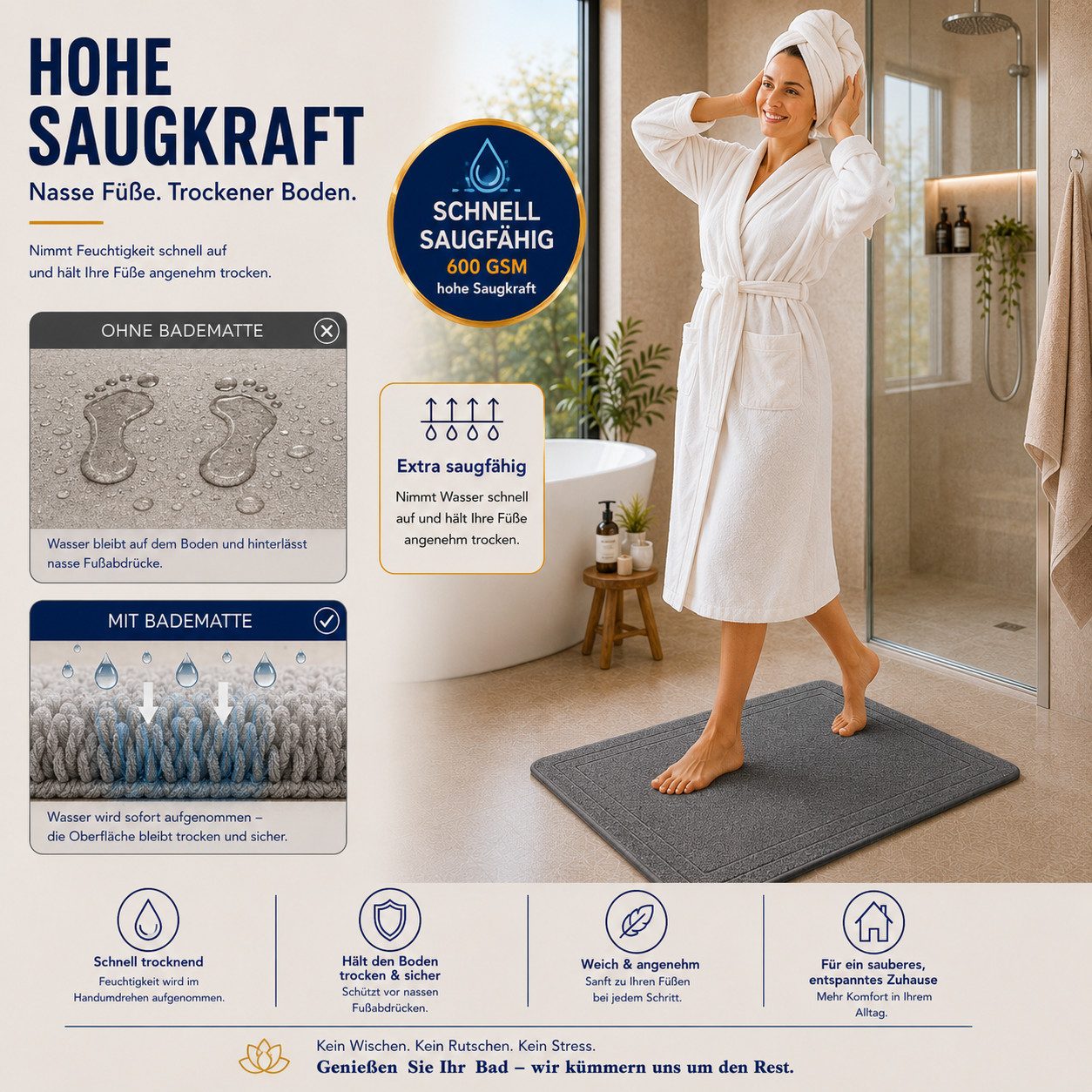 Komfortec Badematte 2er Badetuch Set aus 100% Baumwolle 50x70 cm Extra Weich & Saugstark, Rechteckig, 600 g/m² – Bild 2 von 5