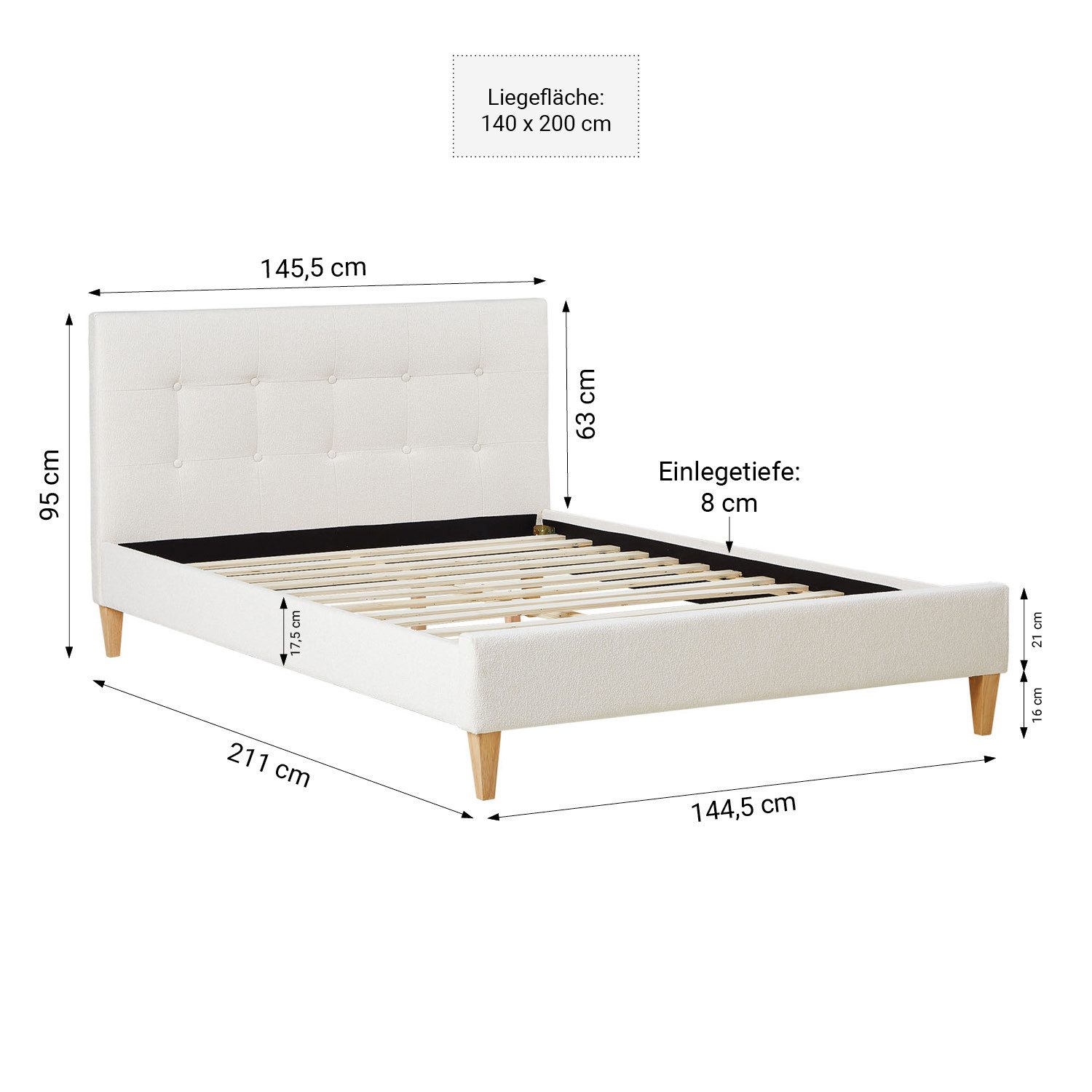 Homestyle4u Polsterbett 140x200 Lattenrost Doppelbett Polsterkopfteil Bouclé Beige Holzfüße (Spar-Set, mit Lattenrost), mit Kopfteil, Teddystoff/Teddyplüsch
