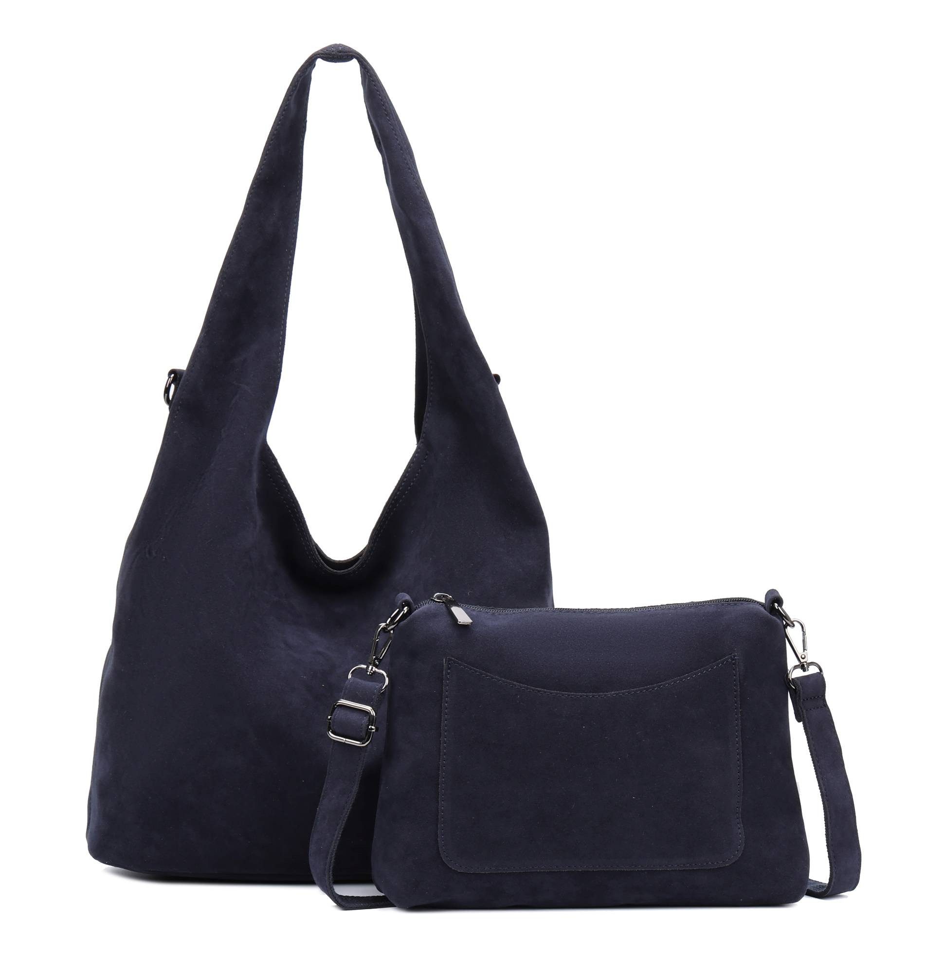 ITALYSHOP24 Schultertasche Damen Tasche Set 2in1 Shopper Handtasche Crossbody Velours CrossOver (Spar-Set 2 in1 Hobo + Crossbody Bag / Schmucktasche, Leichtgewicht, Wildleder Optik), Hobo Bag Umhängetasche Body Bag Beuteltasche Workbag Freizeit Urlaub