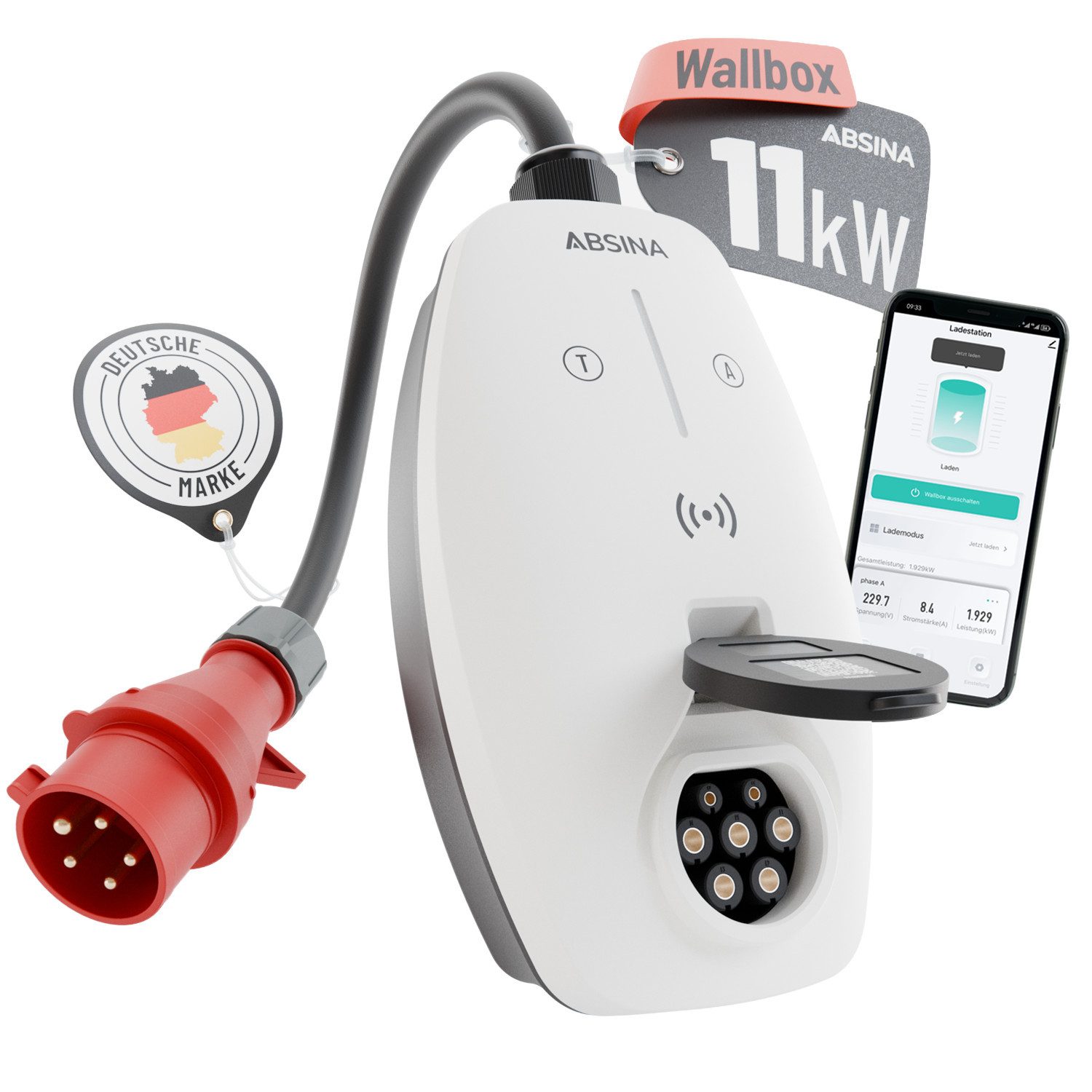 ABSINA Mobile Wallbox 11kW 16A, App Steuerung, einstellbare Ladeleistung Elektroauto-Ladegerät (1-tlg)