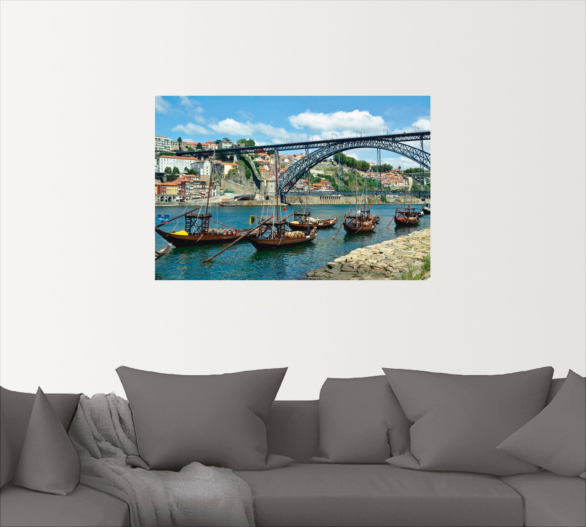 Größen Wandbild Leinwandbild, Poster Alubild, als oder versch. Panorama von Booten Porto und Wandaufkleber & (1 Douro, Eiffelbrücke in Schiffen Artland St), Bilder