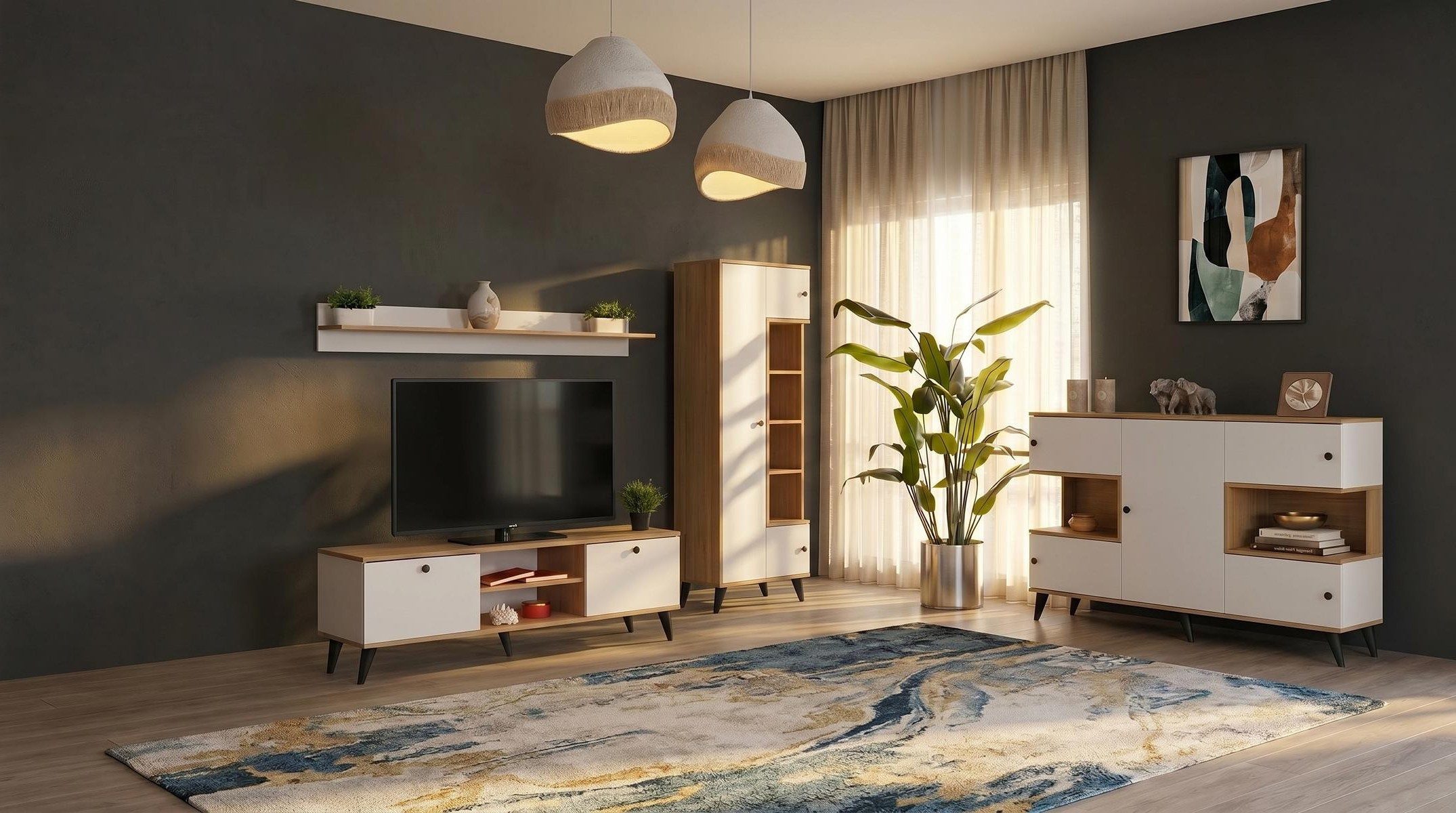 Xlmoebel Wohnwand Weißes modernes TV-Set mit Regal und 5 Schubladen aus Holz, Made in Europa