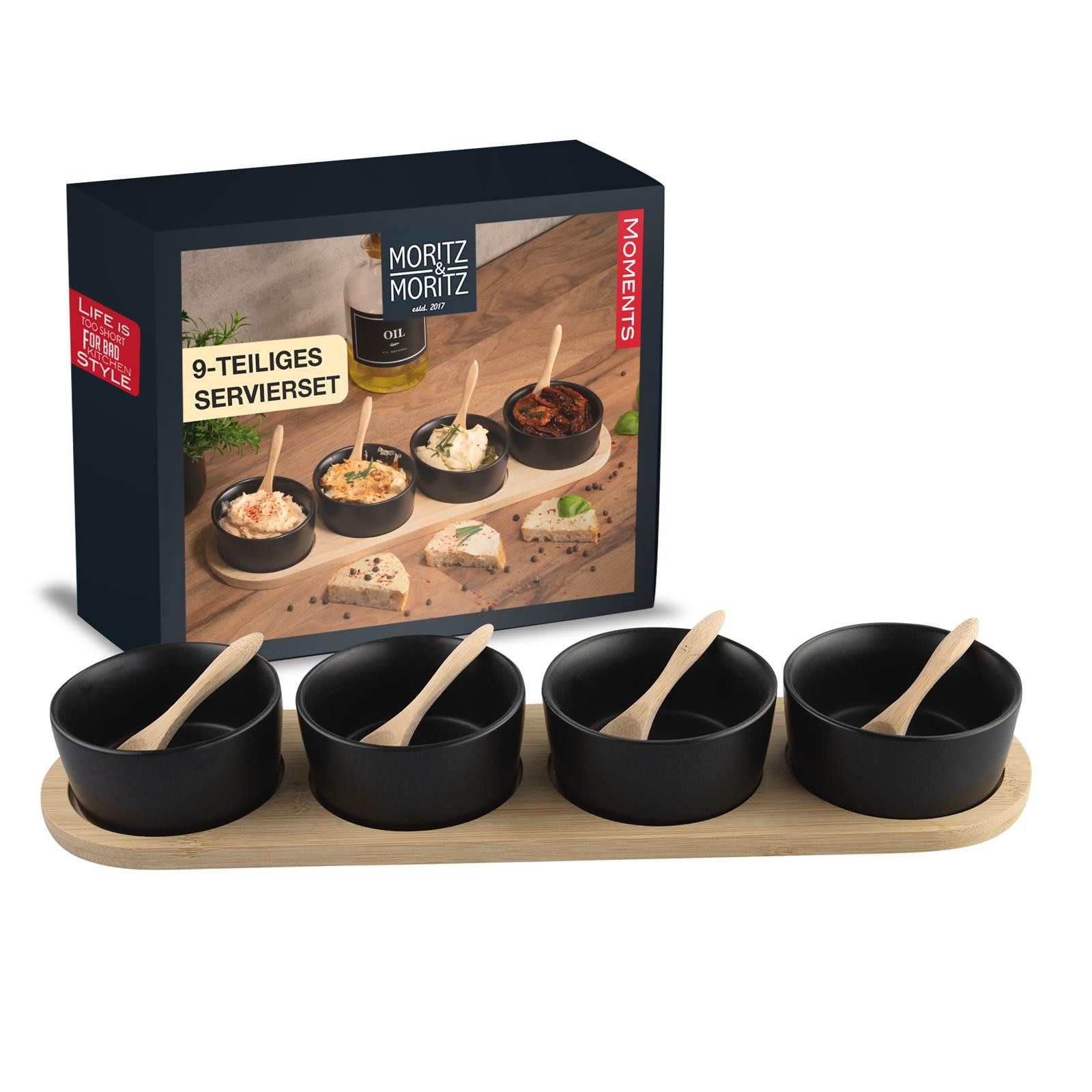 Moritz & Moritz Servierschale Moritz & Moritz 4x Чаши для окунания Schwarz, Bambus, Keramik, (Set, 9-tlg), Als Tapas Чаши und Dip Schälchen