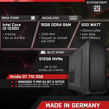 SYSTEMTREFF PC (Intel Core i3 12300, GT 710, 16 GB RAM, 512 GB SSD, Luftkühlung, Windows 11, WLAN)