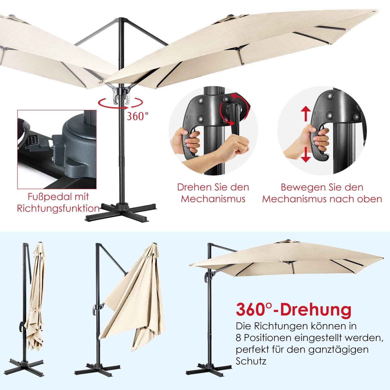 COSTWAY Sonnenschirm Balkon Ampelschirm, Ø300x300cm, neigbar, günstig online kaufen