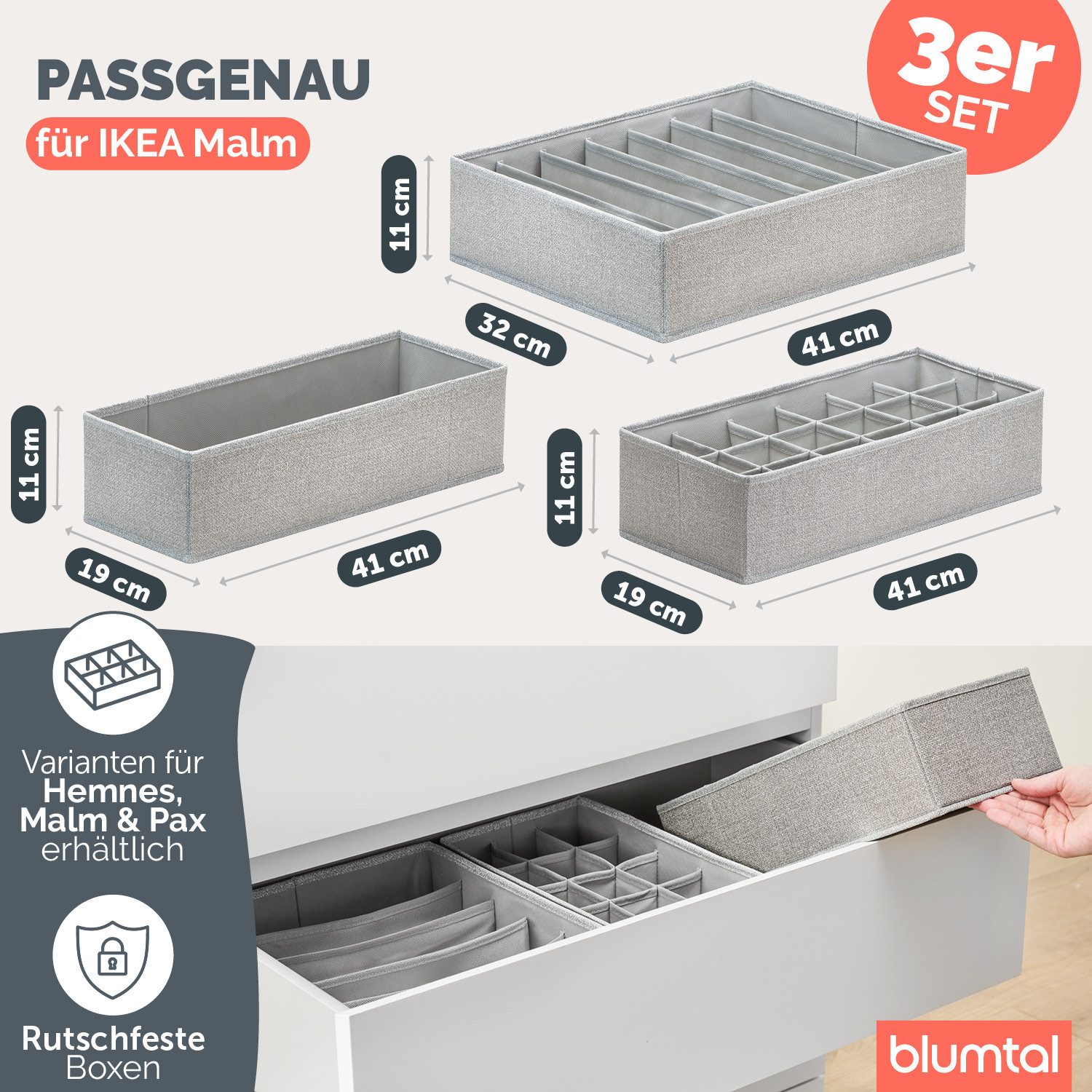 Blumtal Faltbox HEMNES, MALM, PAX Organizer Ordnungssystem Kleiderschrank (3 St), Faltboxen für BHs, T-Shirts - Boxen für Schrank