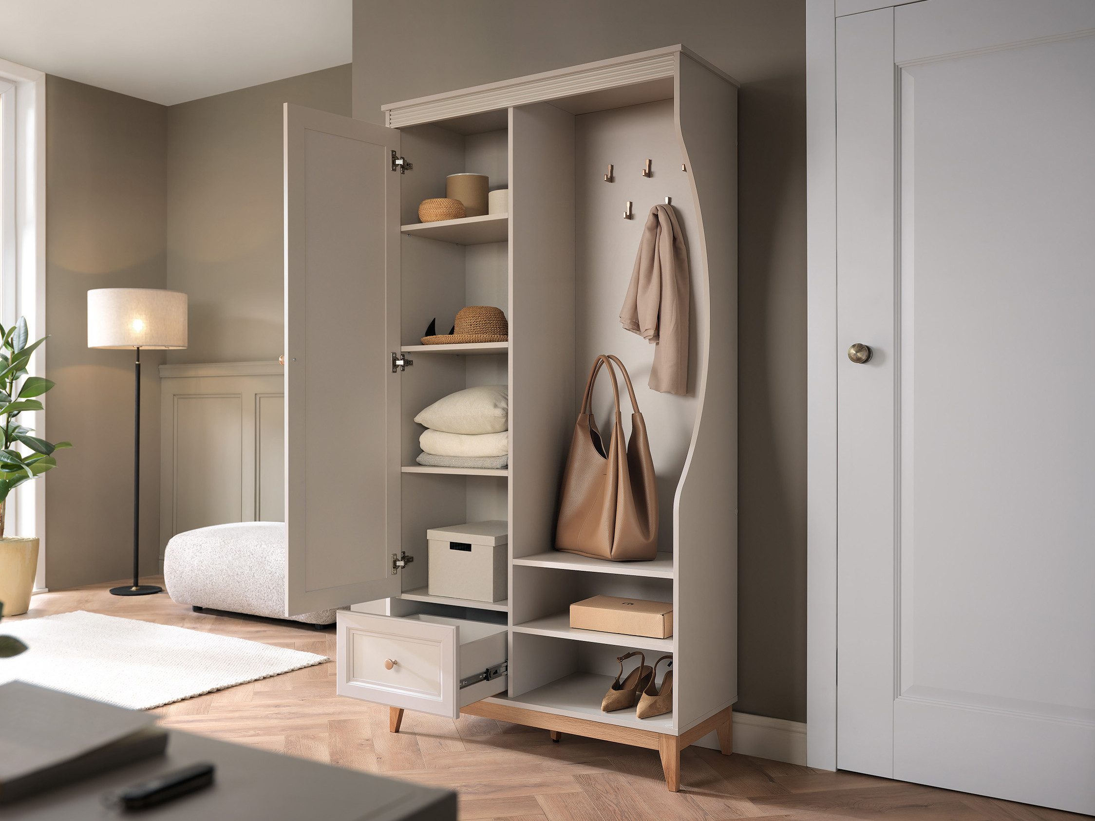 Compleo Garderobenschrank mit Schublade und Spiegel, Holzfüße – Bild 3 von 3