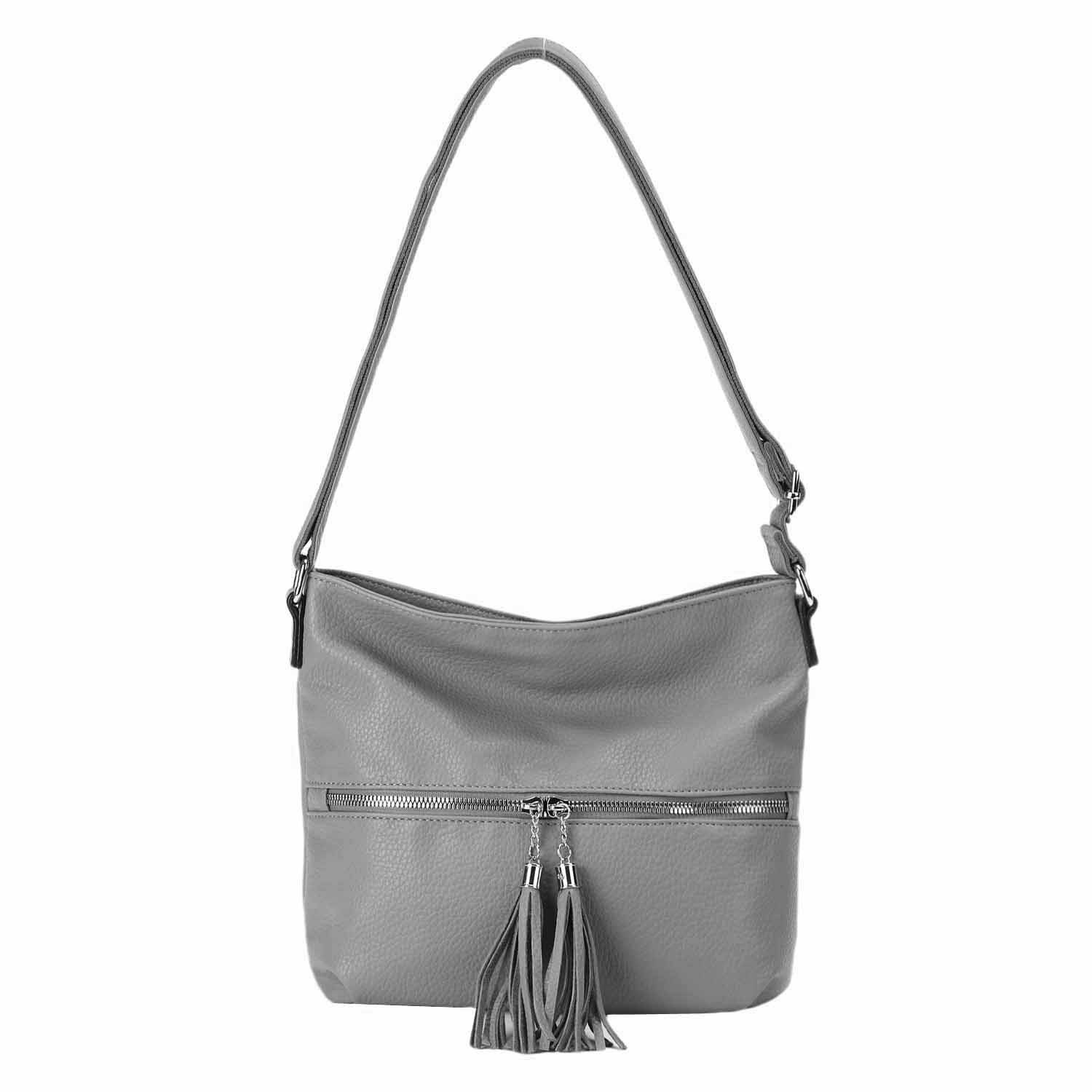 ITALYSHOP24 Schultertasche Damen Tasche Crossbody Shopper Umhängetasche Handtasche Leder Optik, Hobo Bag Damentasche City Bag Freizeit CrossOver Fransen Henkeltasche