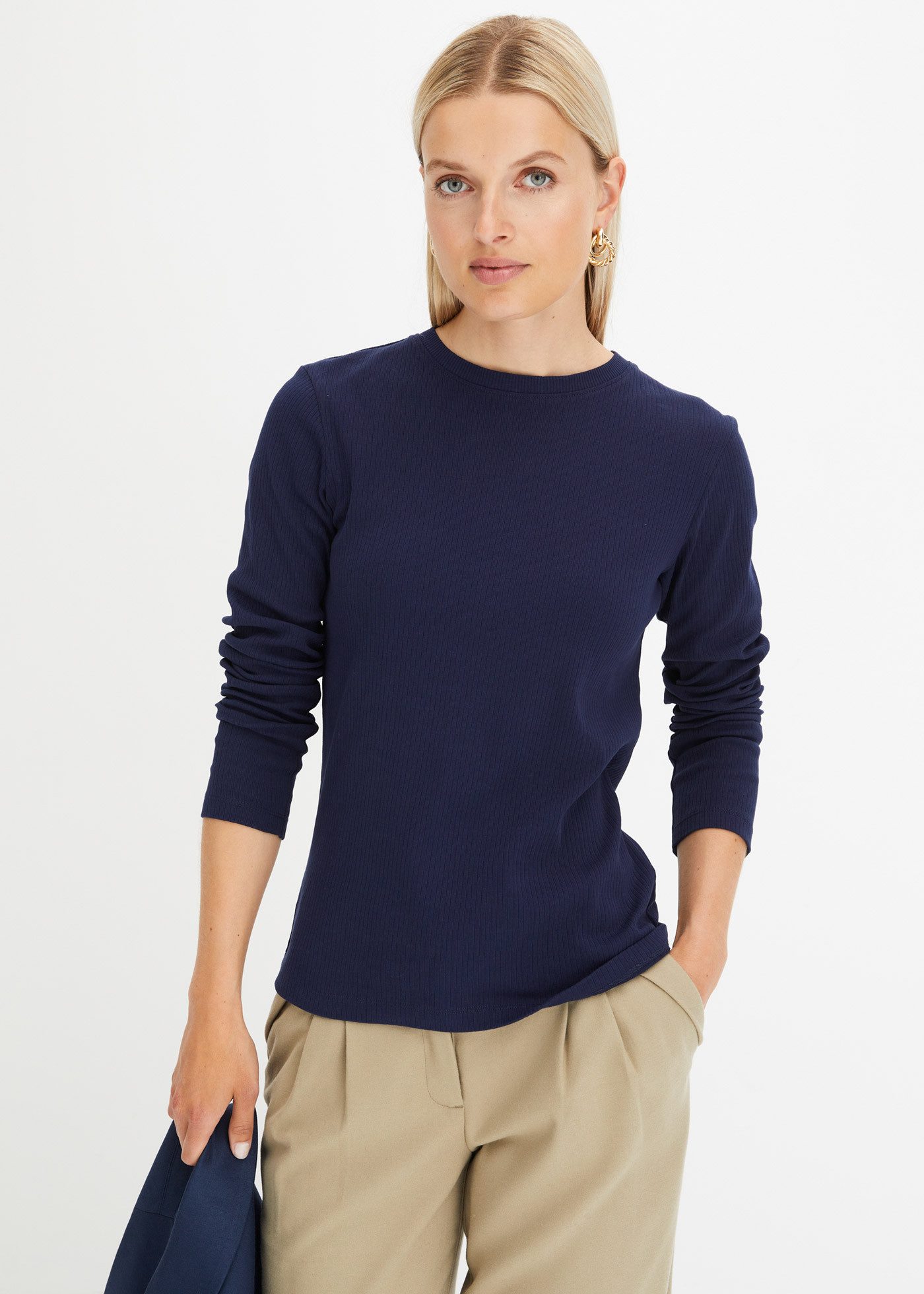 bonprix Langarmshirt Slim fit Passform, ohne Kragen, aus reiner Baumwolle, unifarben