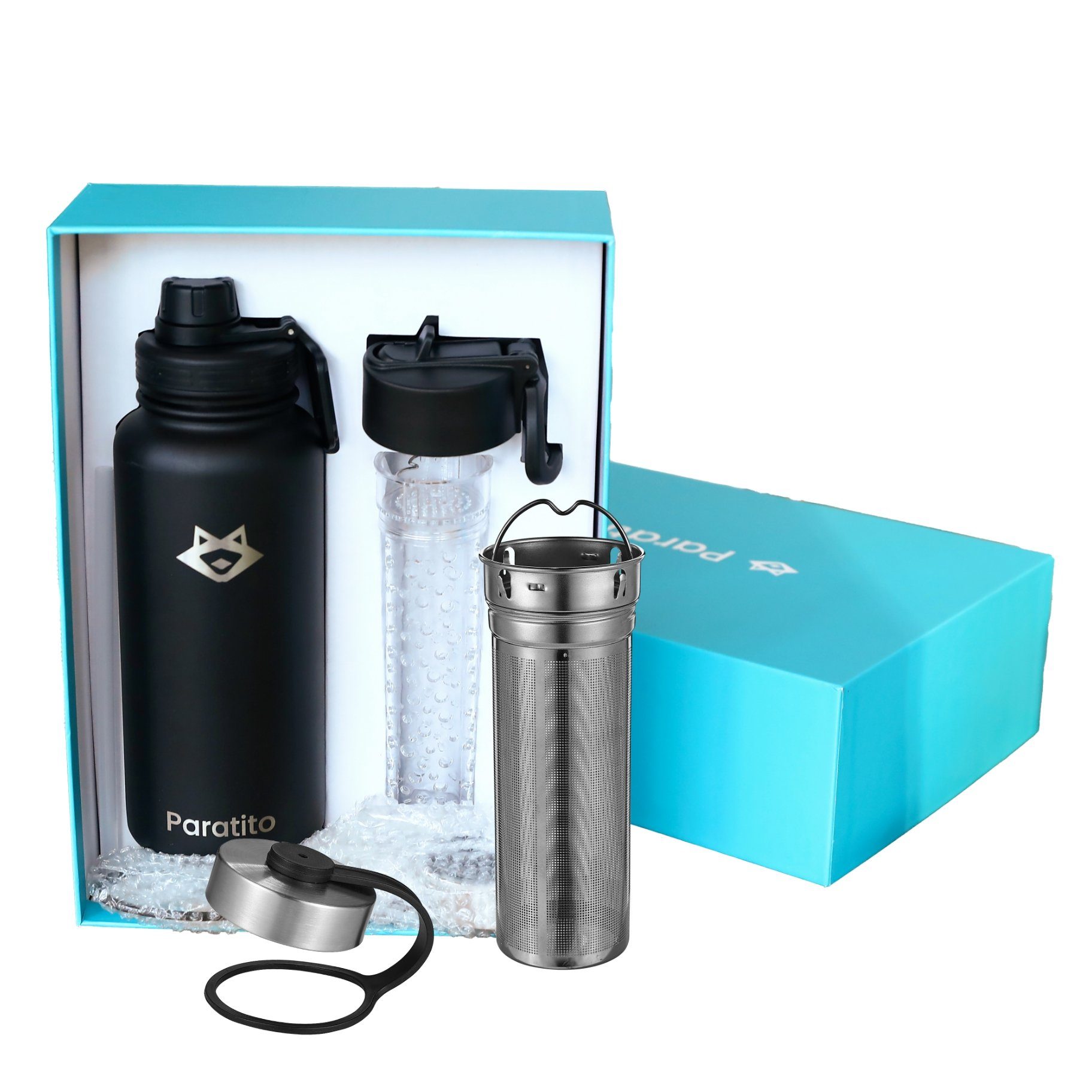 Paratito Isolierflasche Paratito® Geschenkbox mit Isolierflasche + innov. Ein- und Aufsätzen, Edelstahl mit Vakuumisolierung, 950ml, Hält lange heiß und kalt