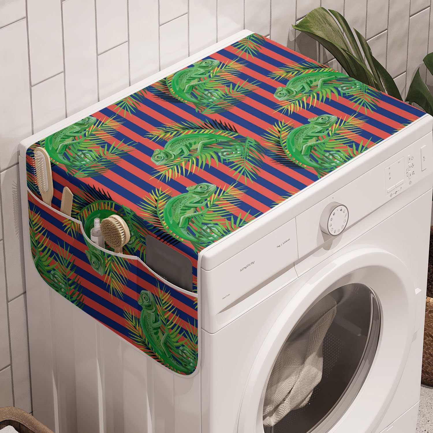 Abakuhaus Badorganizer Anti-Rutsch-Stoffabdeckung für Waschmaschine und Trockner, Exotisch Chamäleon mit Palm Stripes