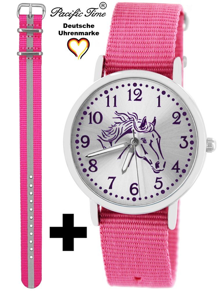 Match Time Wechselarmband, Quarzuhr - Reflektor Mix Pacific Design violett und pink und Kinder Versand Pferd Gratis rosa Armbanduhr Set