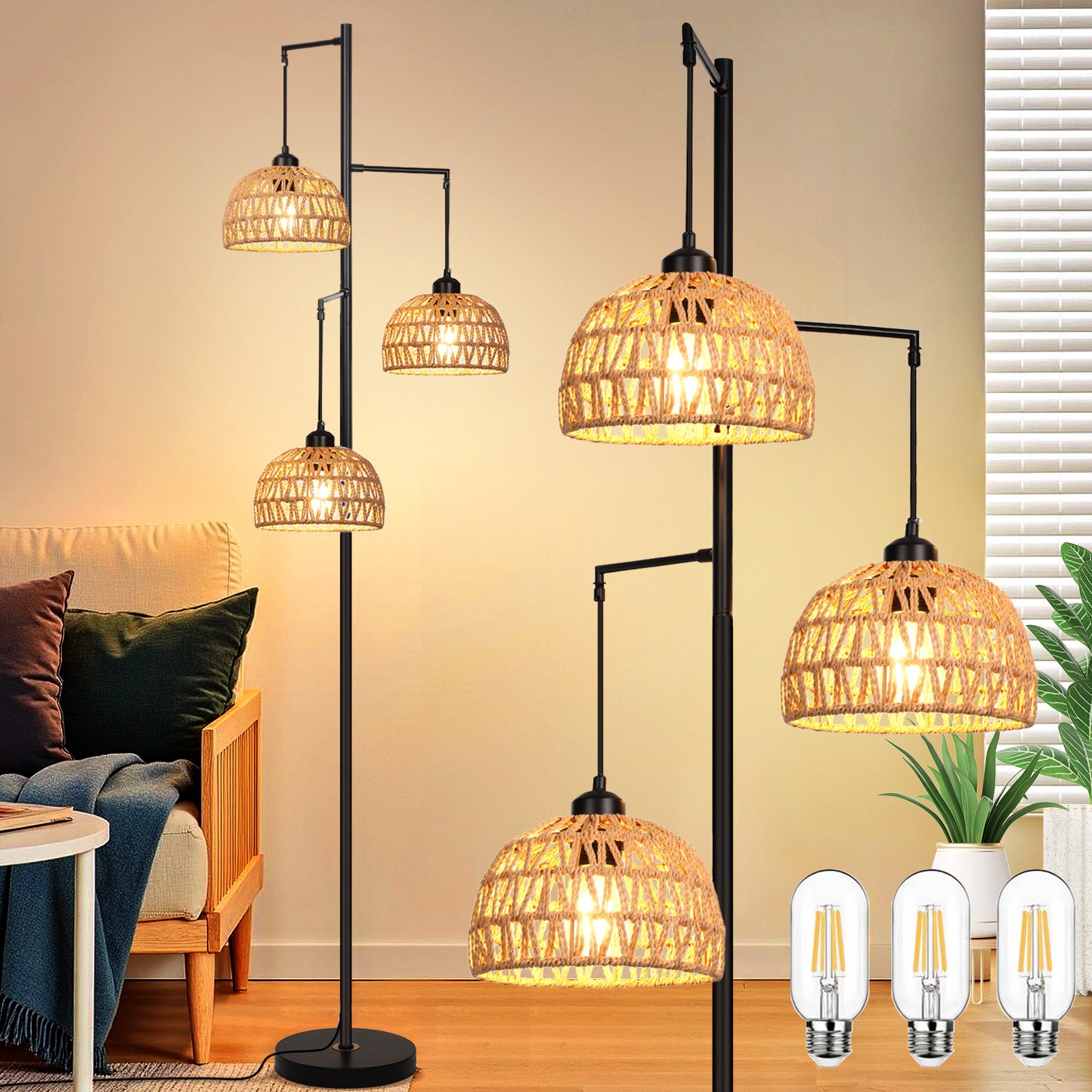 Stehlampe Boho Rattan Stehlampe mit 3 Lichtern dimmbar,180cm