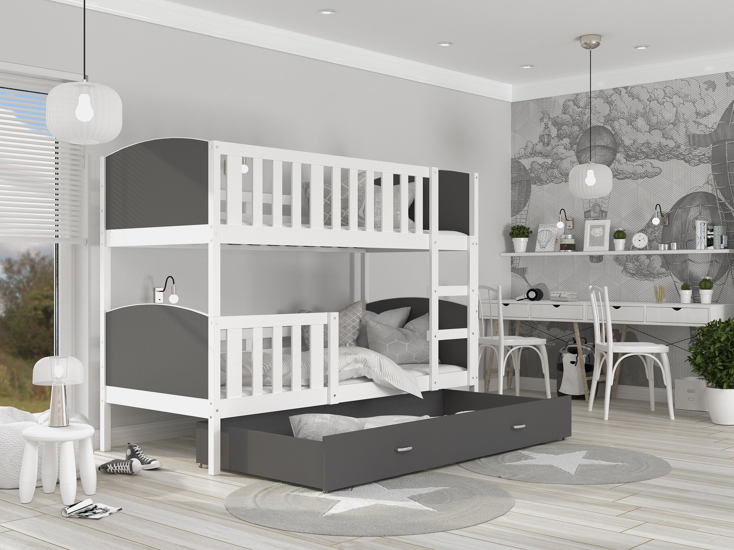 Siblo Kinderbett Tommy (Flexibler Lattenrost, Schublade, Sicherheitsbarriere, Schaummatratzen), Möbelplatte Weiß und Grau