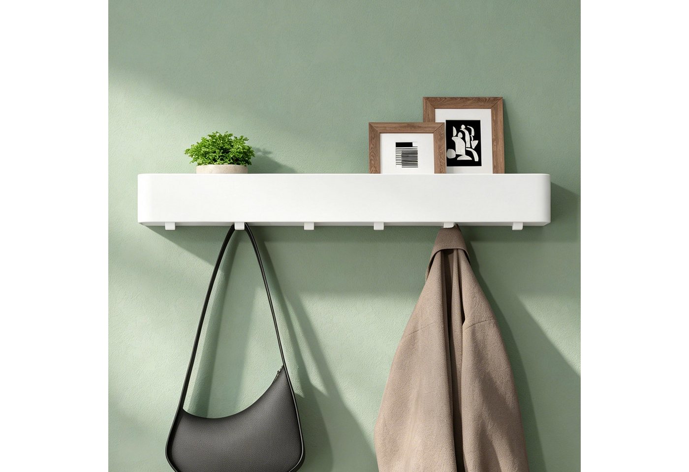 Mai & Mai Wandgarderobe Garderobenleiste mit Ablage und Wandhaken abgerundete Kanten Reglo-05, Abnehmbares Design,Klebemontage oder Bohrmontage