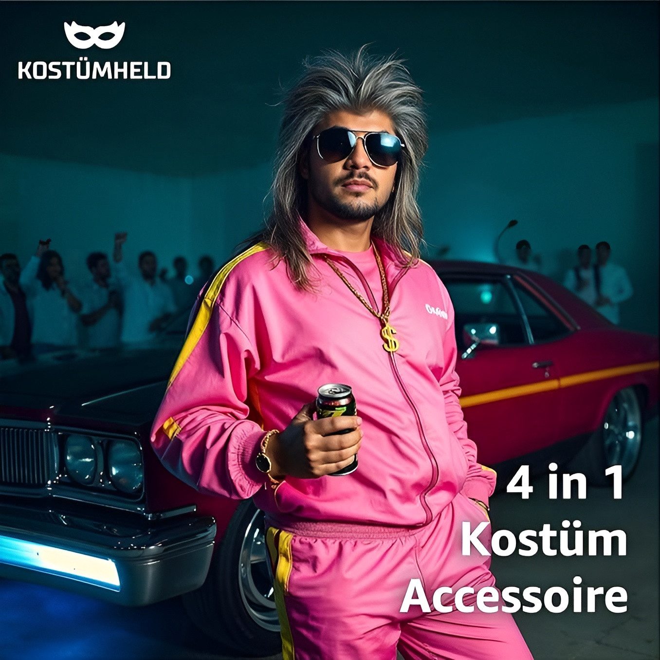Kostümheld® Kostüm 4 in 1 Vokuhila Set mit Ring, Perücke, Goldkette, Brille günstig online kaufen