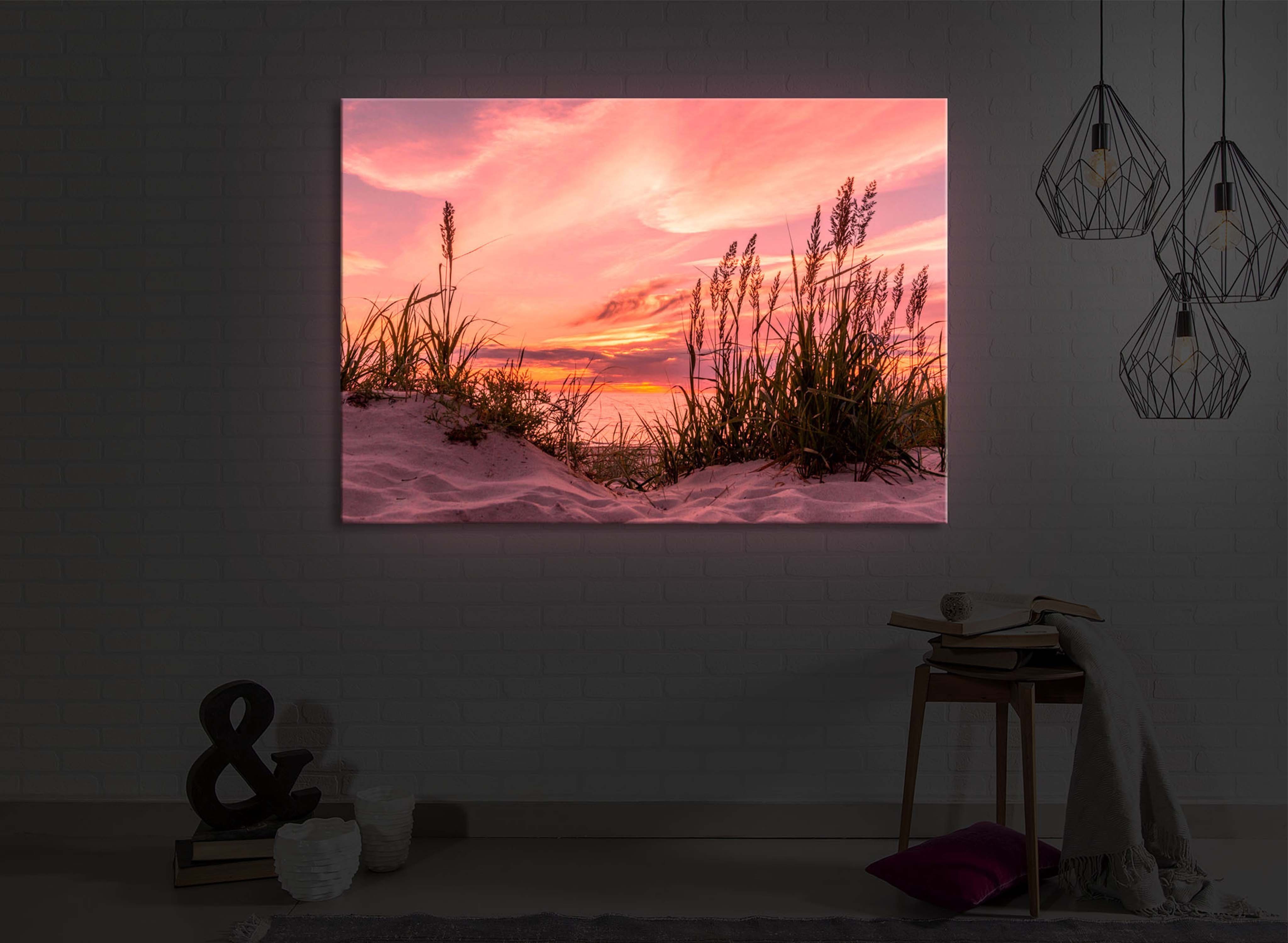 LED-Bild Fernbedienung 60x40cm, front Strand Gras lightbox-multicolor am mit / lighted Leuchtbild Sonnenuntergang bei