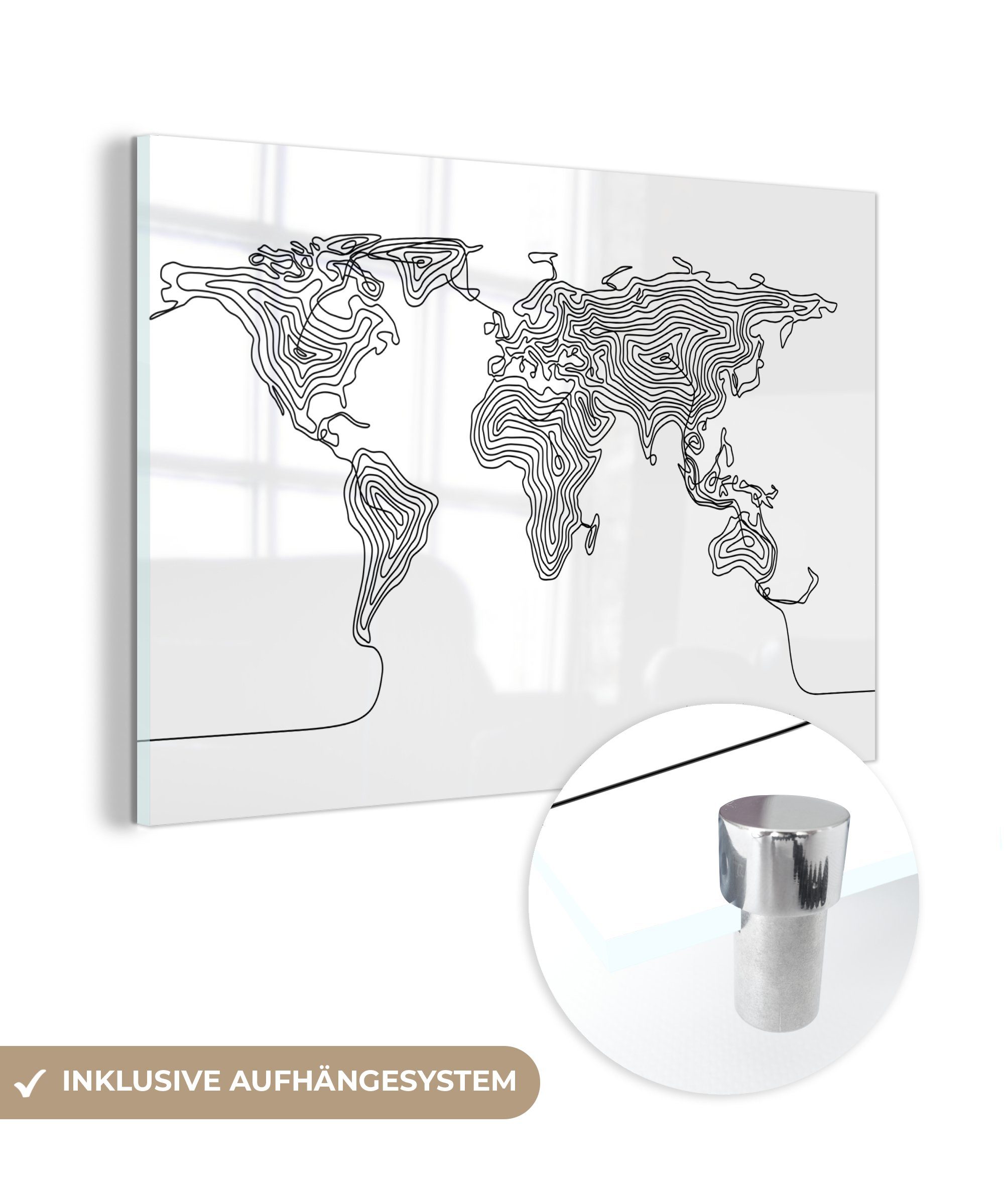 MuchoWow Acrylglasbild Weltkarte - Schwarz - Weiß - Linie, (1 St), Glasbilder - Bilder auf Glas Wandbild - Foto auf Glas - Wanddekoration