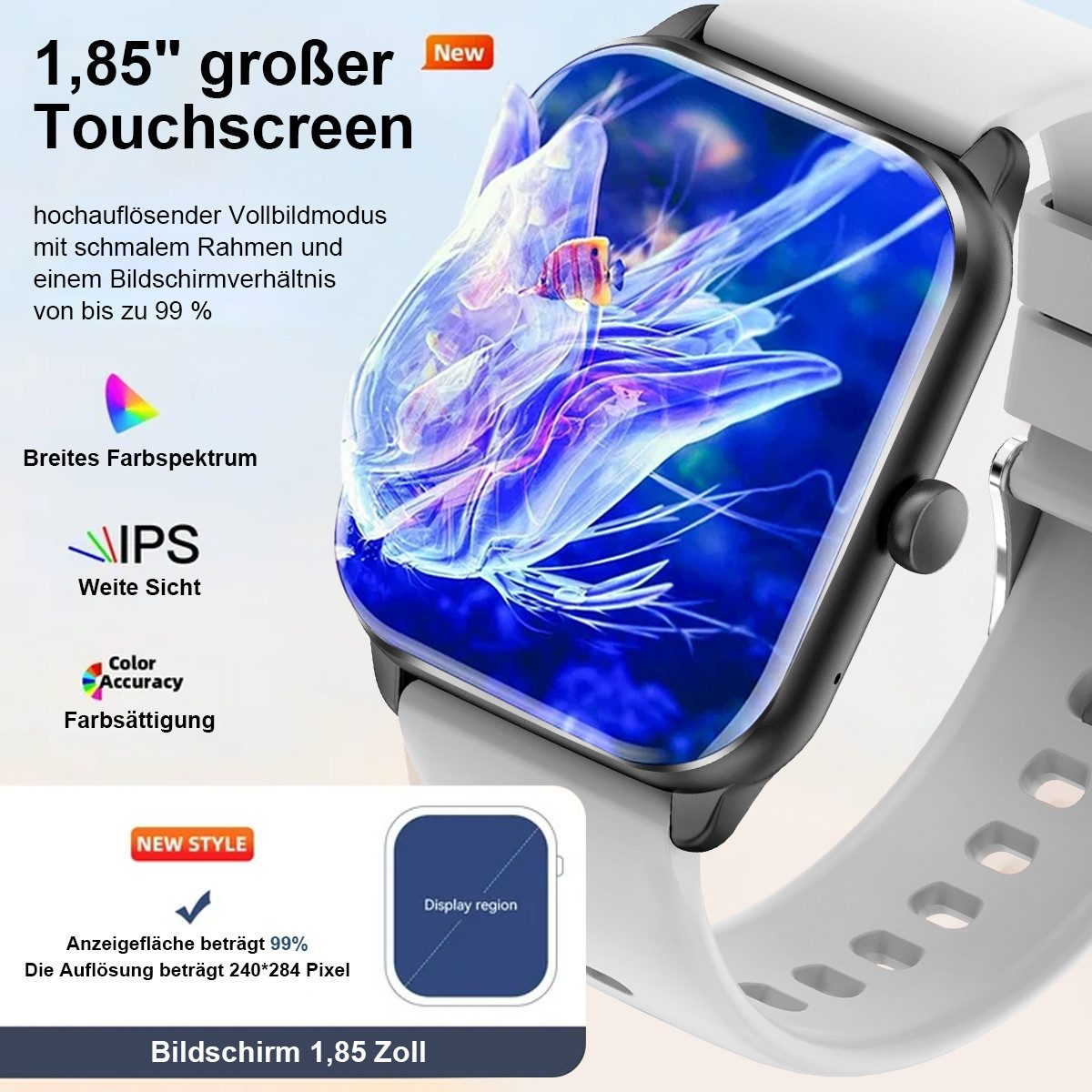 ANYSUN Smartwatch Herren Damen, mit Telefonfunktion Smartwatch (1,85 Zoll, TFT-Volltouch) 110+ Sportmodi Sportuhr mit Schrittzähler/Herzfrequenzmonitor, /Schlafmonitor, IP68 Wasserdicht Fitnessuhr für iOS Android