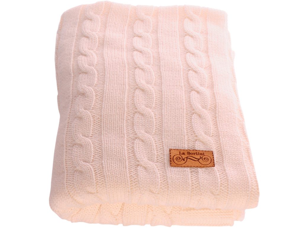 Babydecke Leichte Baby Decke Strickdecke aus Baumwolle in blau weiß creme rosa, La Bortini, leicht, mit Zopfmuster, gestrickte Tagesdecke für Neugeborene