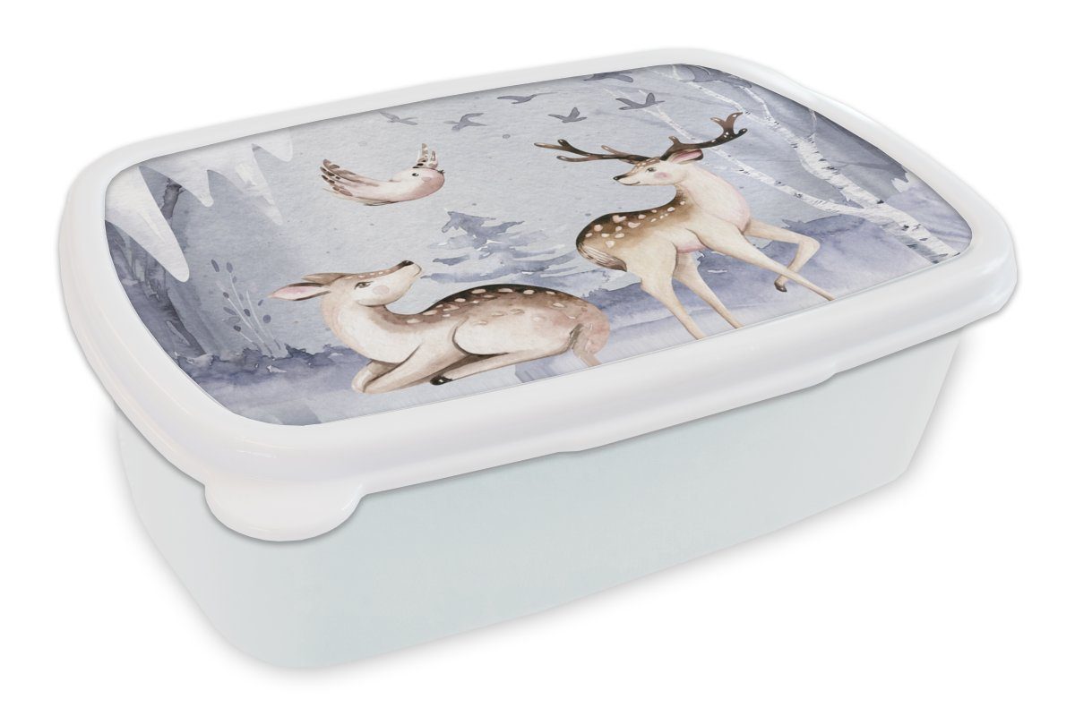 für für Lunchbox Schnee, Hirsche Kinder Vögel Kunststoff, und - weiß (2-tlg), - Winter Erwachsene, - Brotbox MuchoWow und Brotdose, Jungs Mädchen