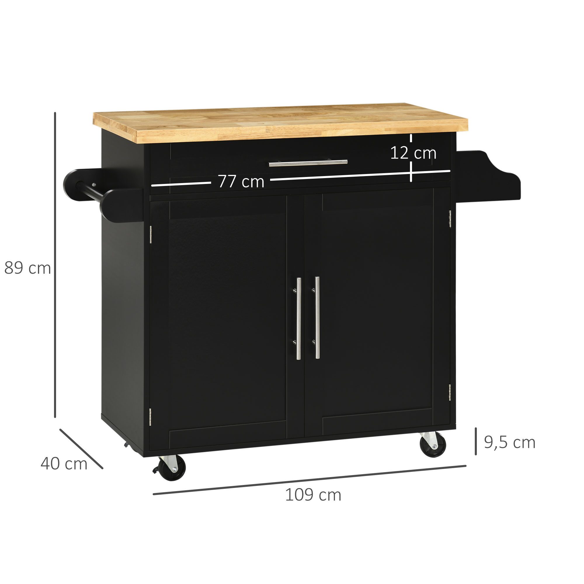 HOMCOM Servierwagen Küchenwagen mit Gewürzregal, Handtuchhalter, Arbeitsplatte, (Rollwagen, 1 St., Küchentrolley), für Wohnzimmer Esszimmer Schwarz 109 x 40 x 89 cm