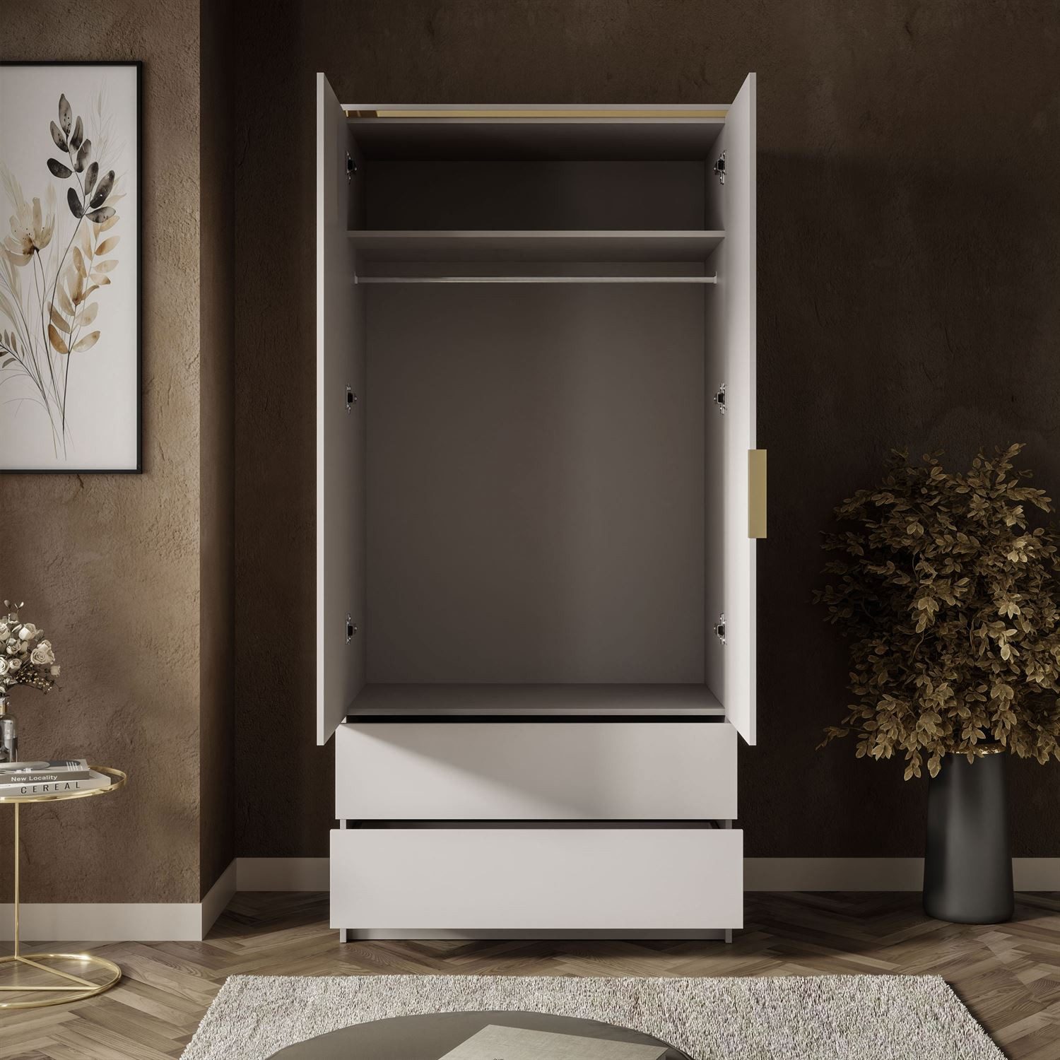 Lookway Kleiderschrank AURORA KASCHMIR 2D2S Drehtürenschrank mit Schubladen (Kleiderschrank mit stilvoller Umrandung in Goldoptik) 100x210x57