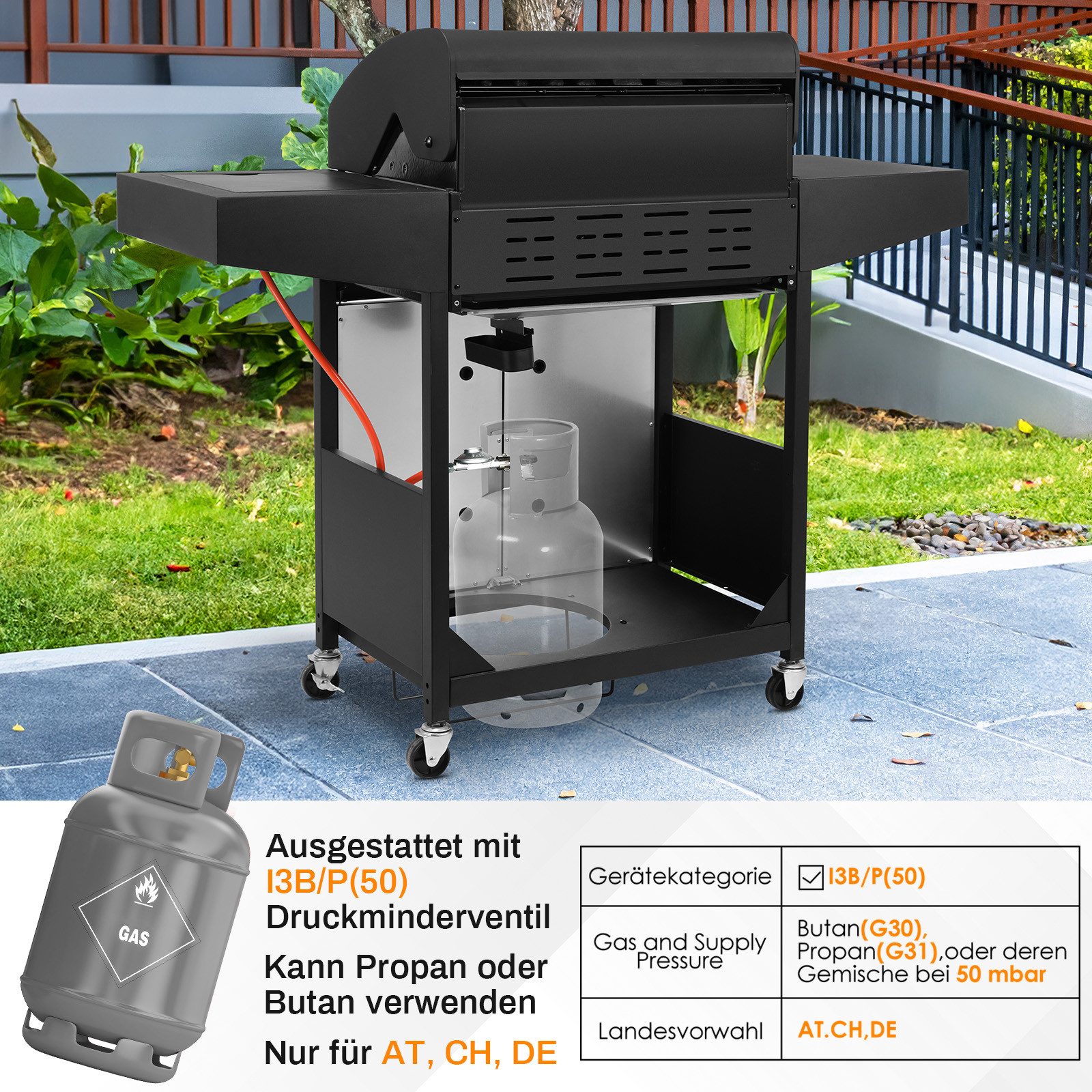 TLGREEN Gasgrill 4+1 Brenner,15 kw Gas Grillwagen BBQ mit Seitenkochfeld, Standgrill DE I3B/P(50) Gasdruckregler, Grillküche Camping Garten(Butan/Propan)