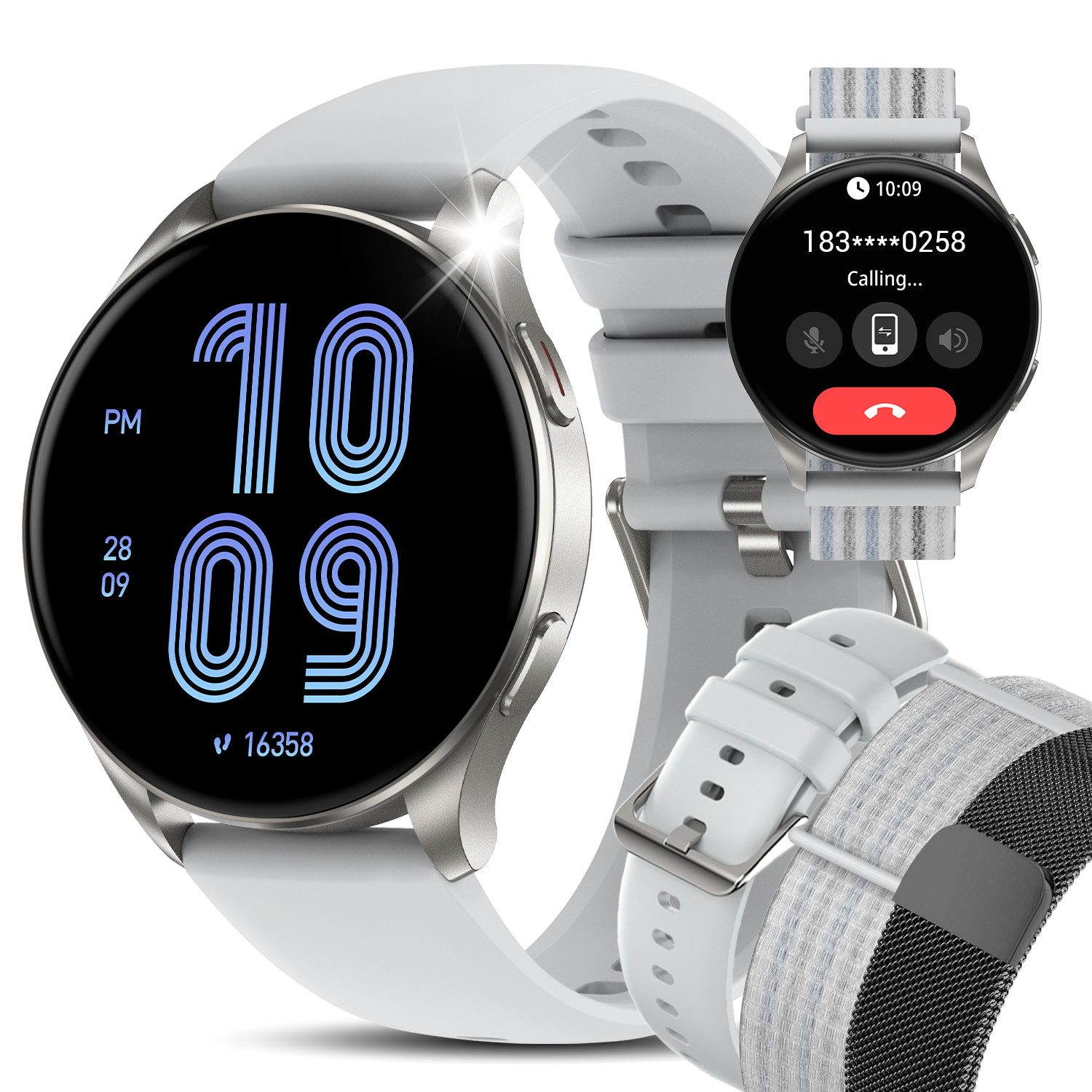 blackview Smartwatch Herren Damen,1,43" AMOLED,380mAh (5 Tage), Bluetooth-Anrufe Smartwatch (1.43 Zoll, IOS/Android), 1-tlg., 3× Armband (Metallarmband+Silikonarmband + Geflochtenes Uhrenarmband), Antwort&Anruf tätigen,KI-Sprachassistent,HR,SpO2,Schlaf,Sc