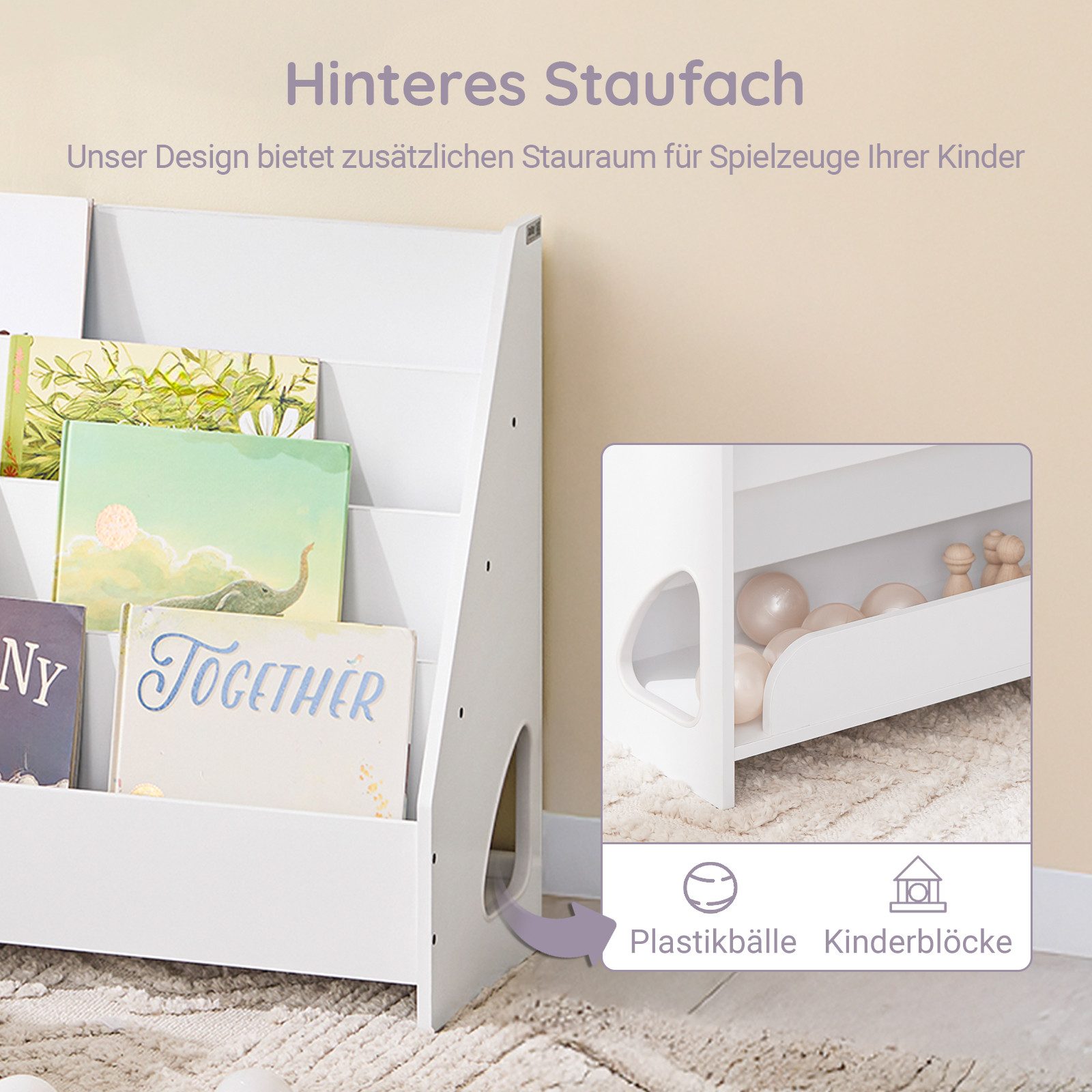 SoBuy Kinderregal KMB32-K, Spielzeugtruhe Büchergestell Hängefächerregal Kinder, Bücherregal Kinder, Kinderregal mit 4 Ablagefächern, Kinderzimmer