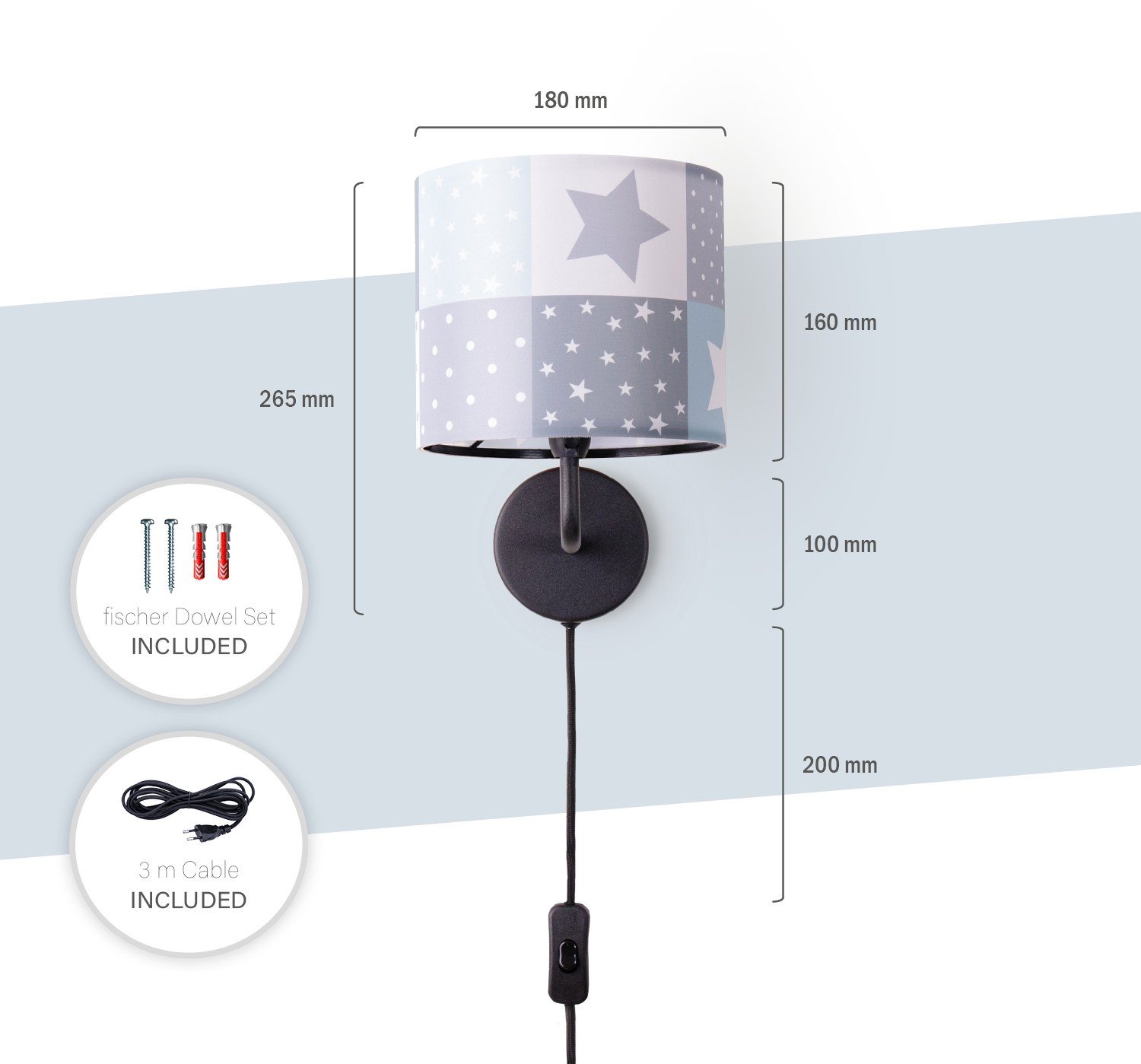 Home Cosmo Ø…18cm Sterne 3m Wandleuchte Kabellänge Kinderlampe Wandlampe Schalter 345, Punkte Paco Leuchtmittel, ohne E14