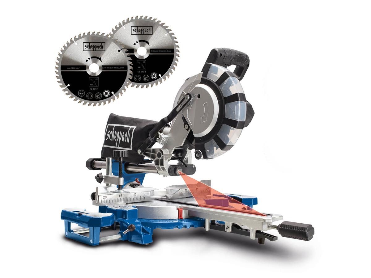 Scheppach Zug-, Kapp- und Gehrungssäge HM254SPX, Set, 4-St., Inklusive 2. Sägeblatt + Staubfangbeutel, mit Laser